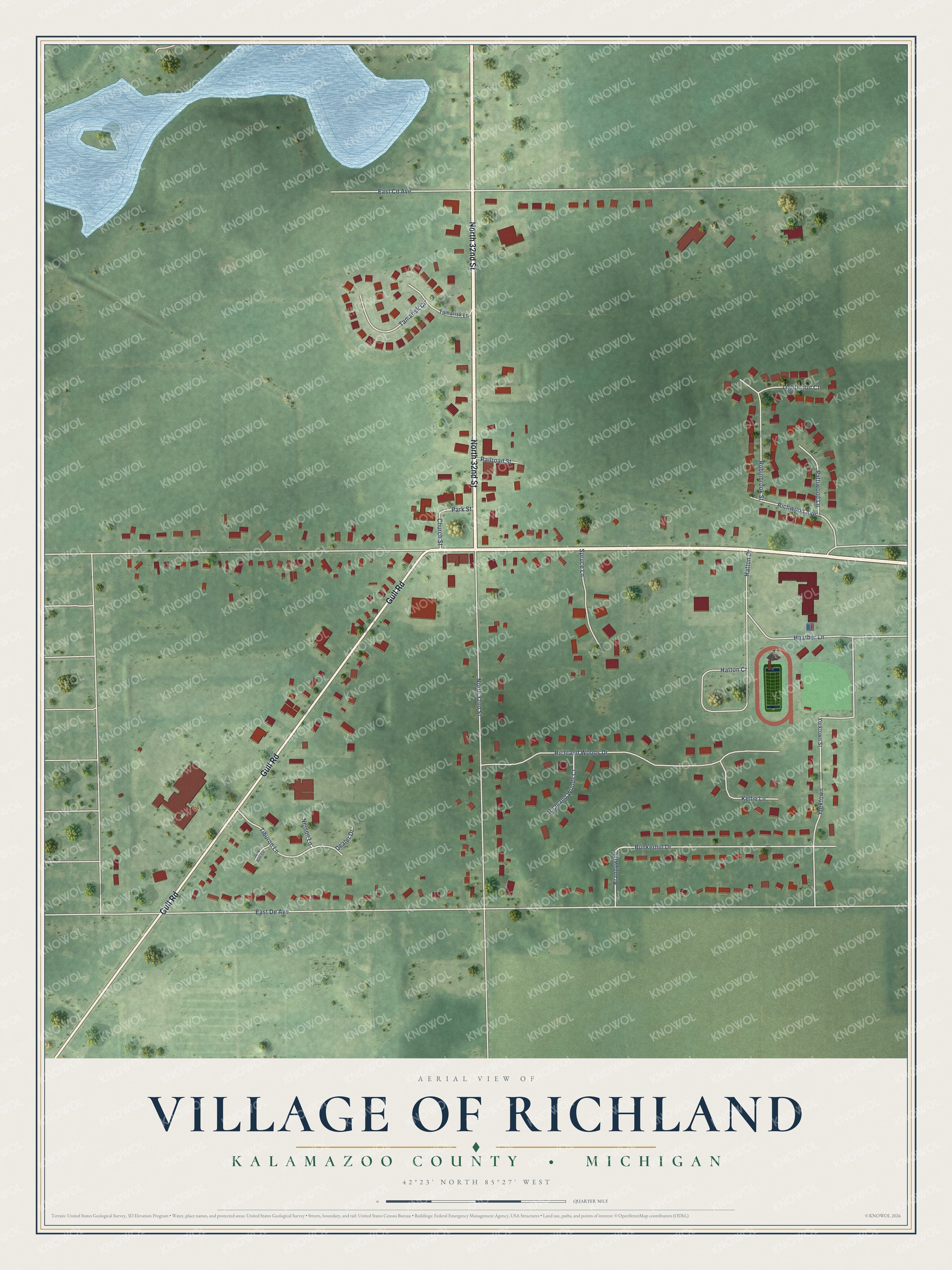 Full map of Richland, Michigan, with red buildings, printed street names and the land around them