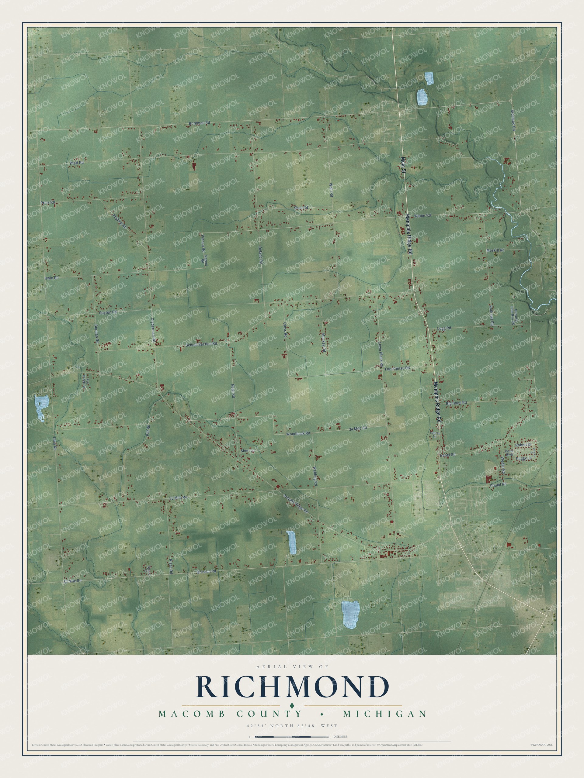 Full map of Richmond, Michigan, with red buildings, printed street names and the land around them