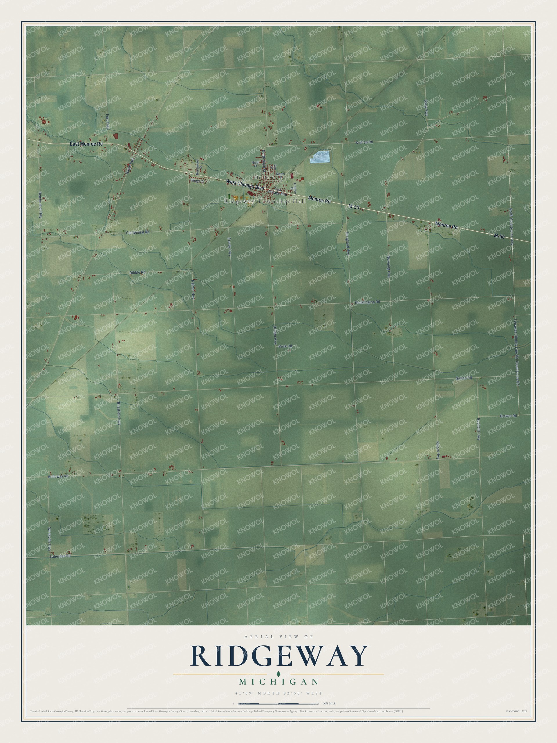 Full map of Ridgeway, Michigan, with red buildings, printed street names and the land around them
