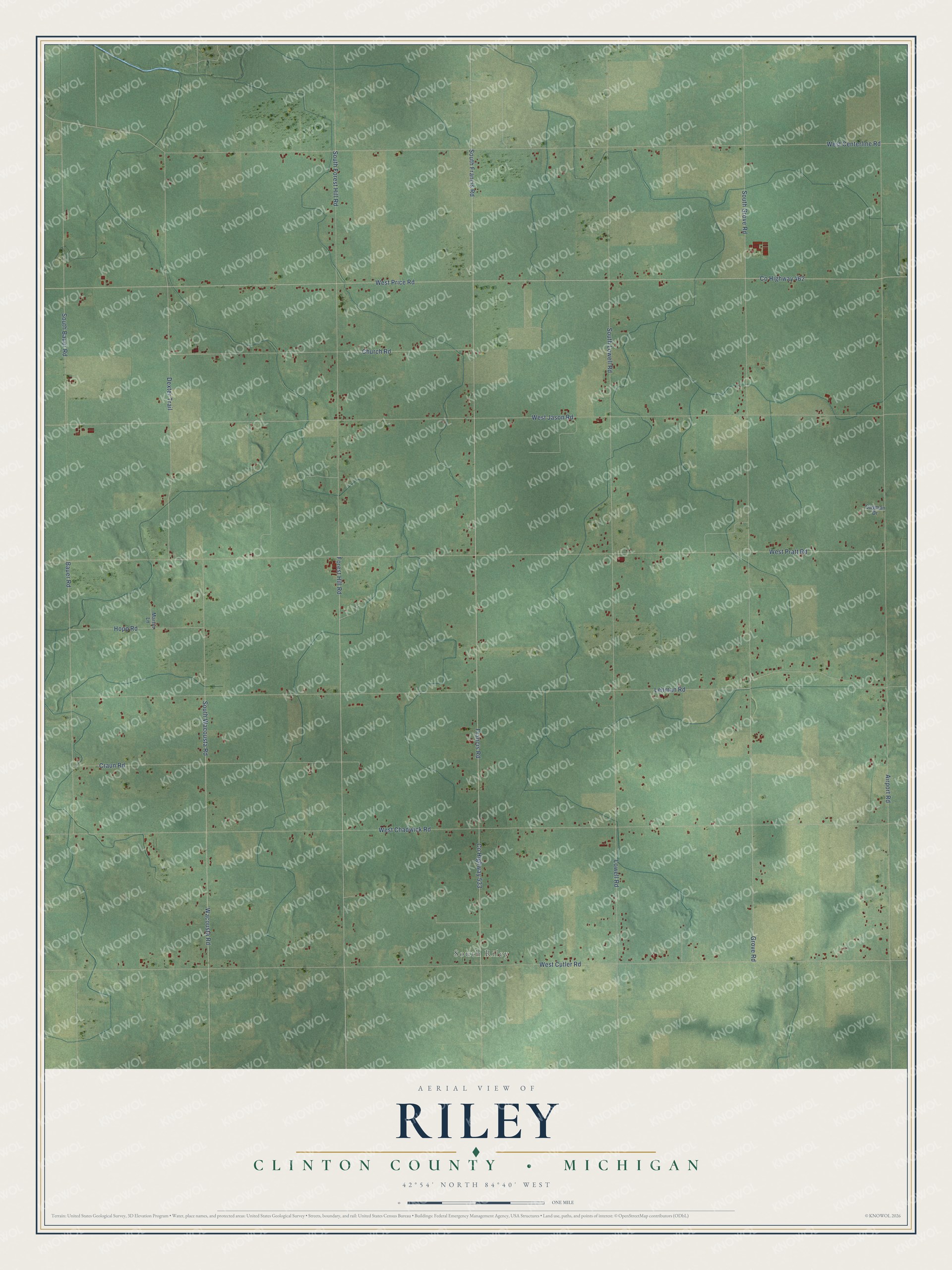 Full map of Riley, Michigan, with red buildings, printed street names and the land around them