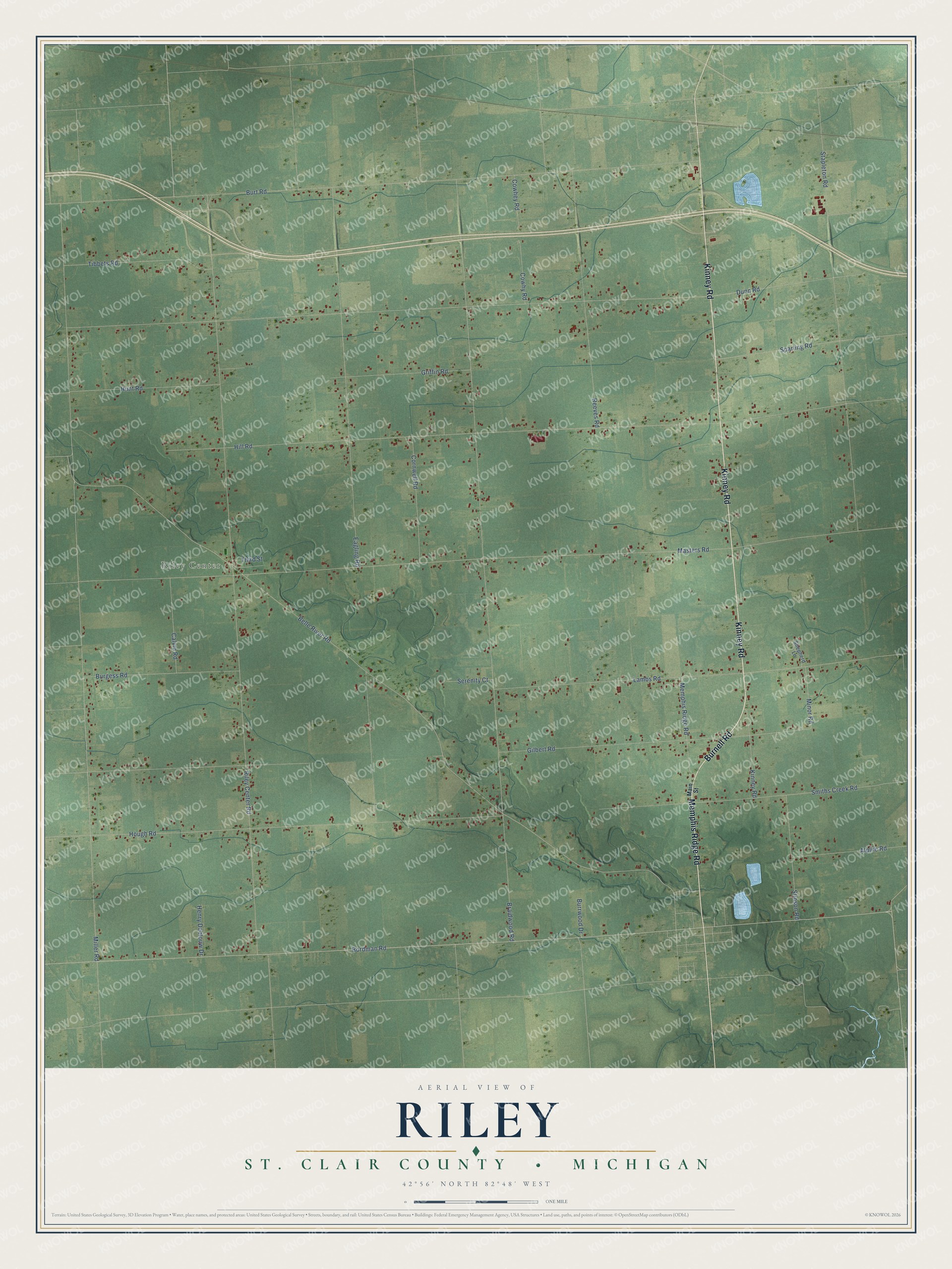 Full map of Riley, Michigan, with red buildings, printed street names and the land around them