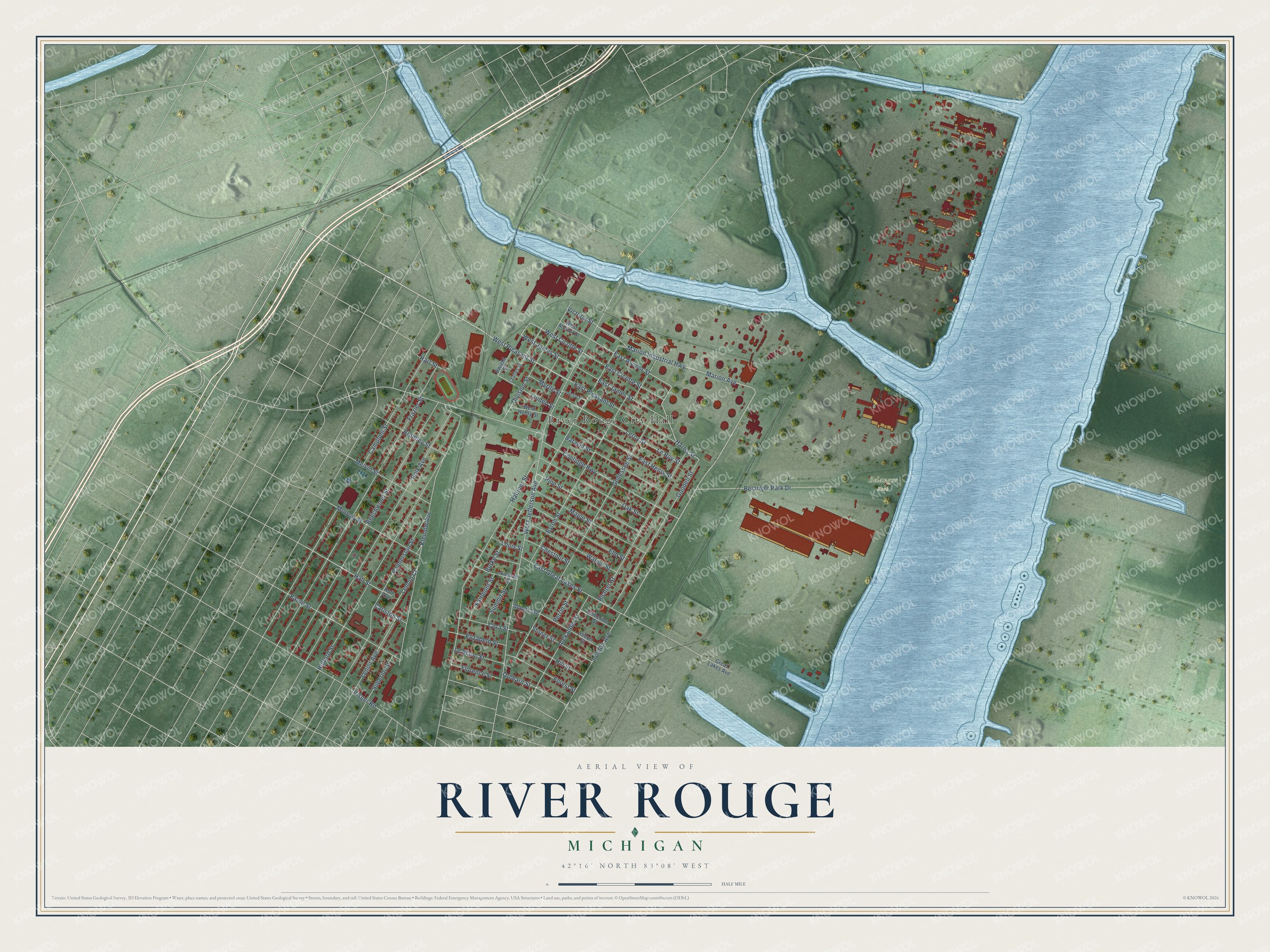 Full map of River Rouge, Michigan, with red buildings, printed street names and the land around them