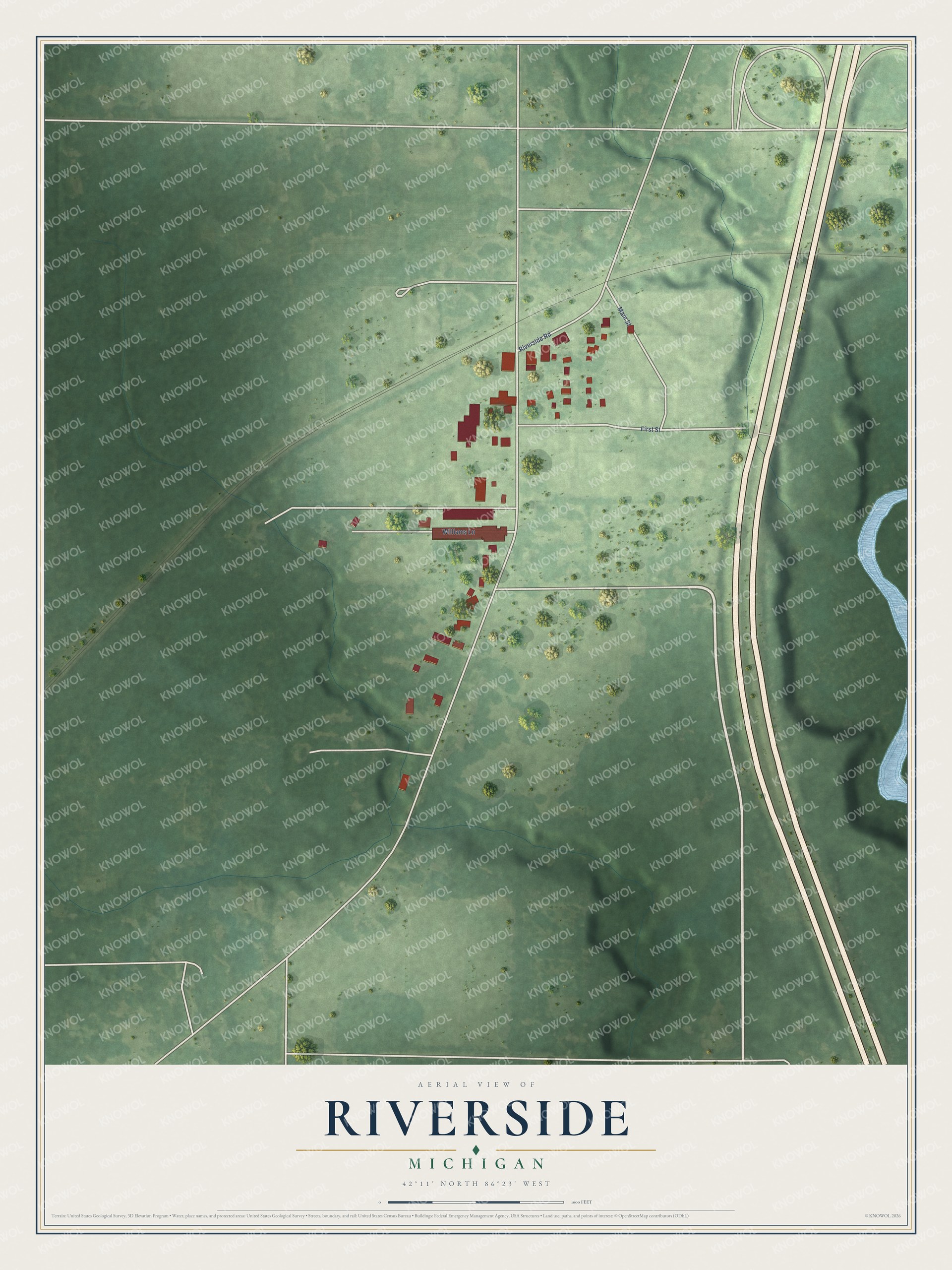 Full map of Riverside, Michigan, with red buildings, printed street names and the land around them