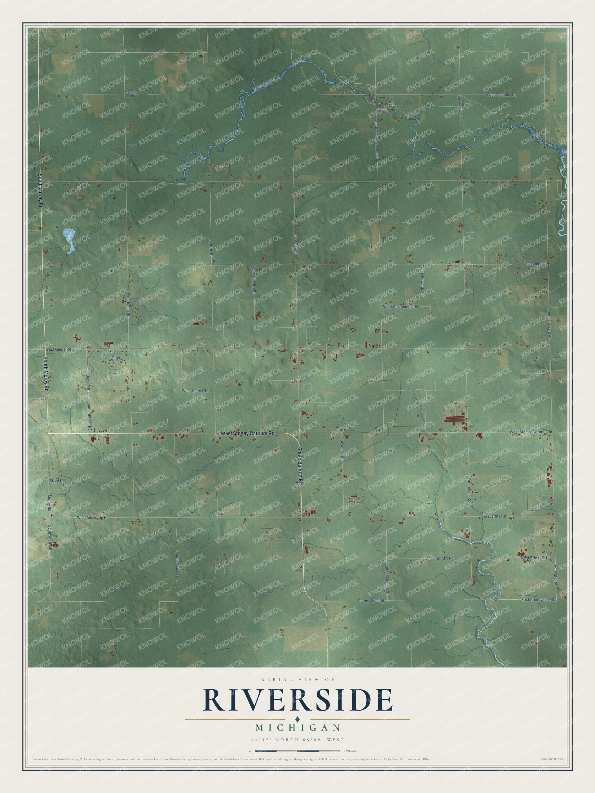 Full map of Riverside, Michigan, with red buildings, printed street names and the land around them