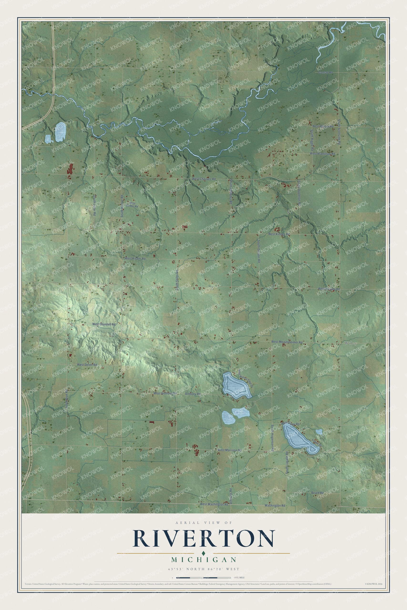 Full map of Riverton, Michigan, with red buildings, printed street names and the land around them