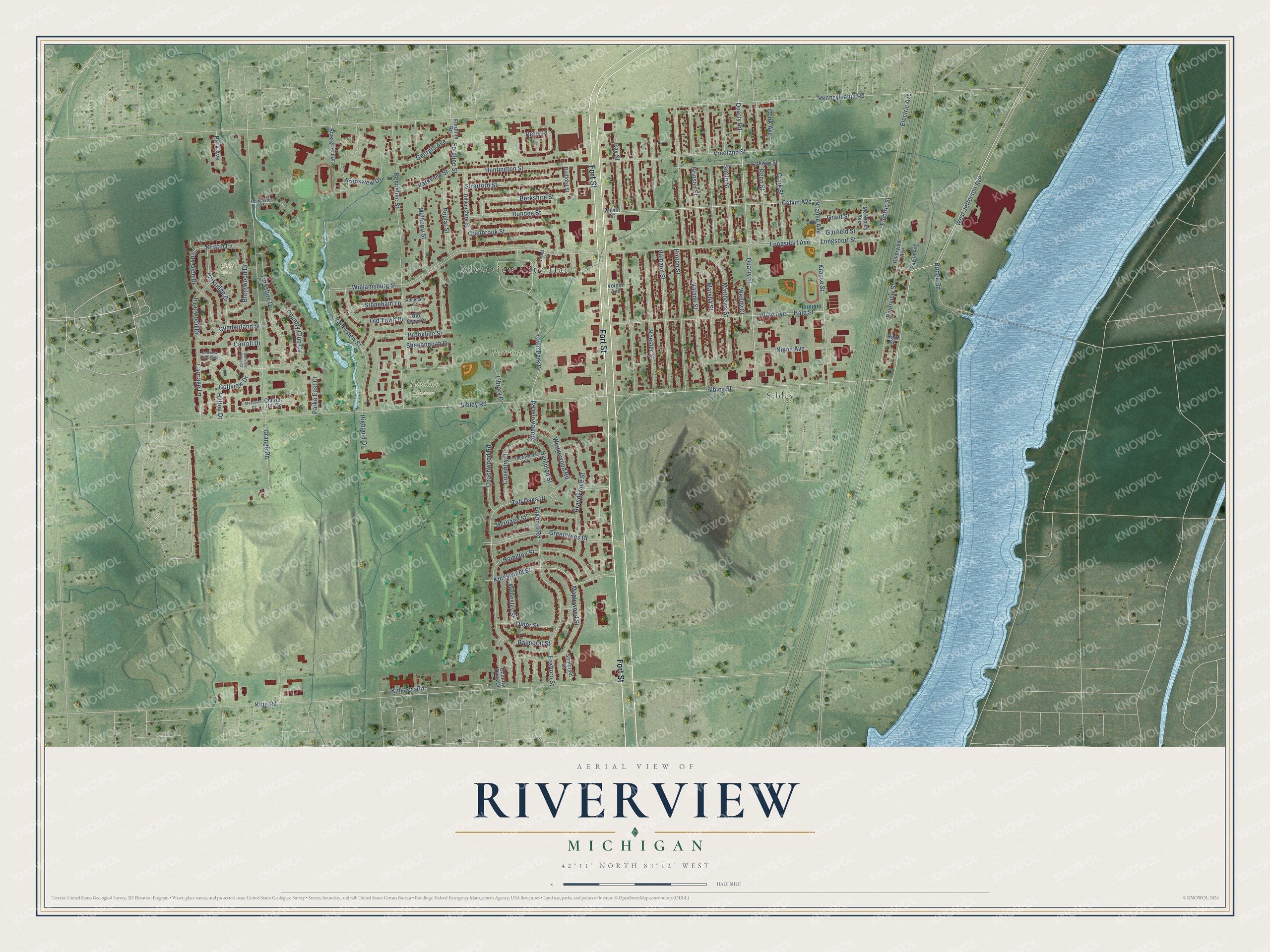 Full map of Riverview, Michigan, with red buildings, printed street names and the land around them
