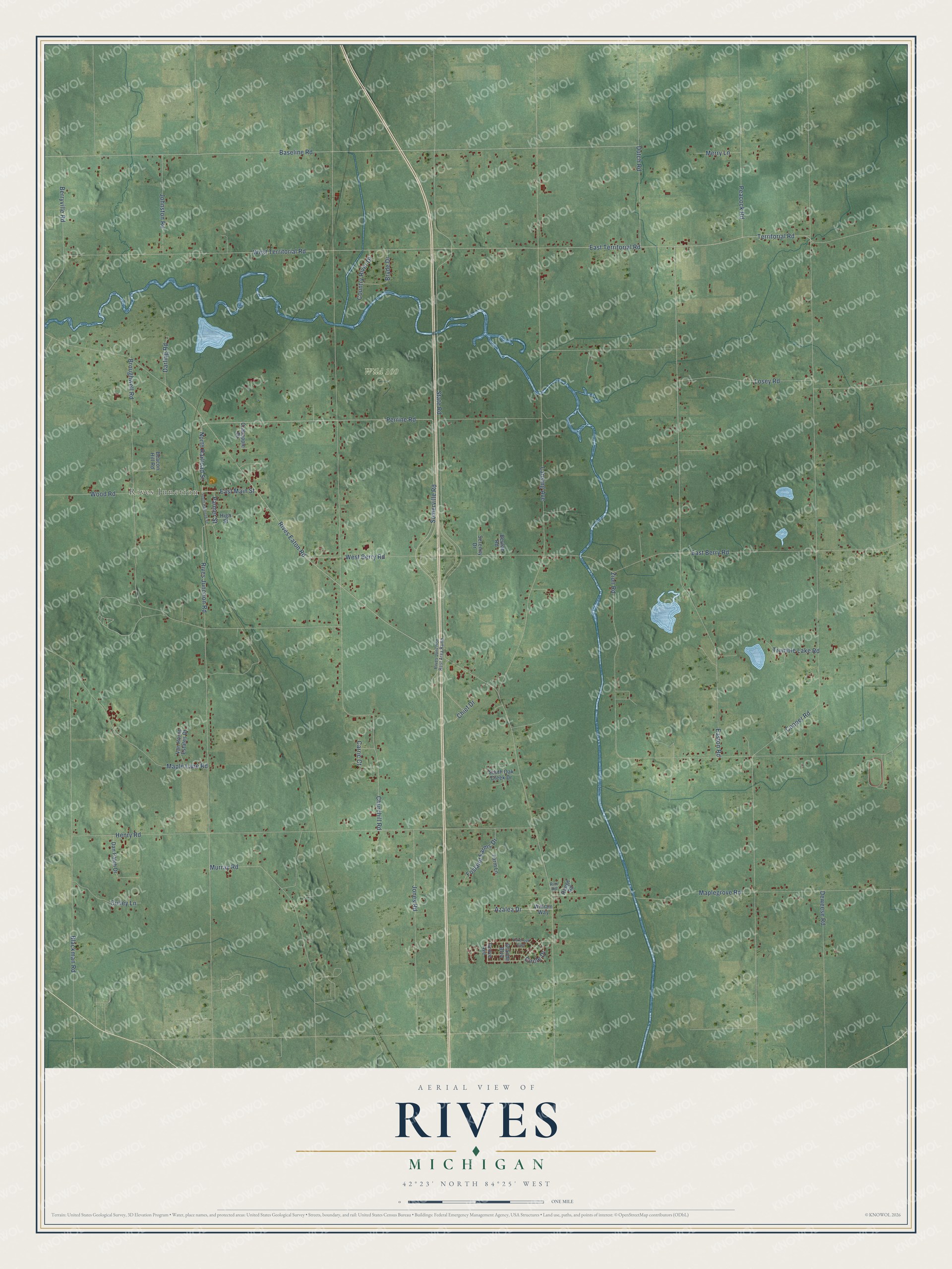 Full map of Rives, Michigan, with red buildings, printed street names and the land around them