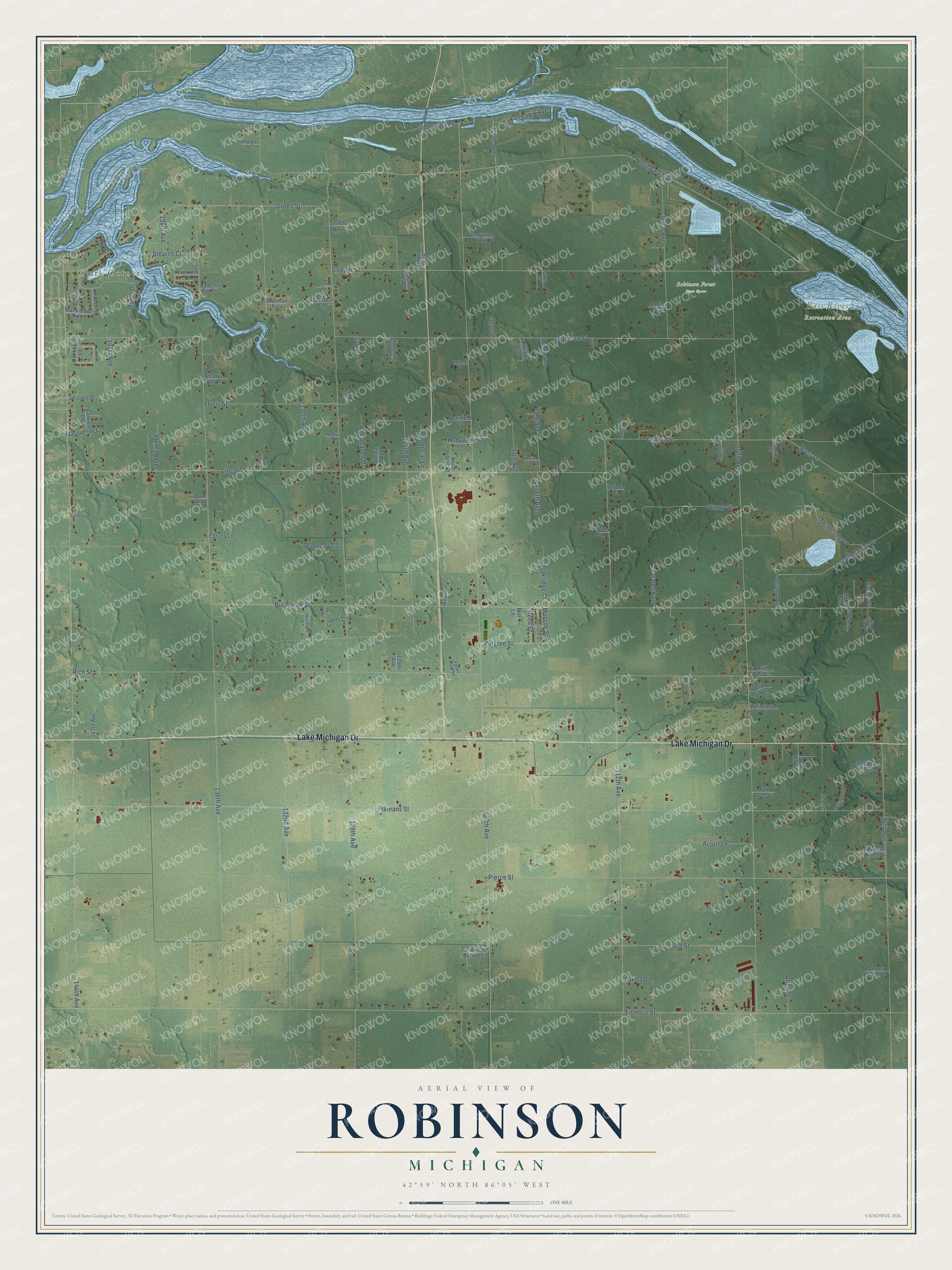 Full map of Robinson, Michigan, with red buildings, printed street names and the land around them