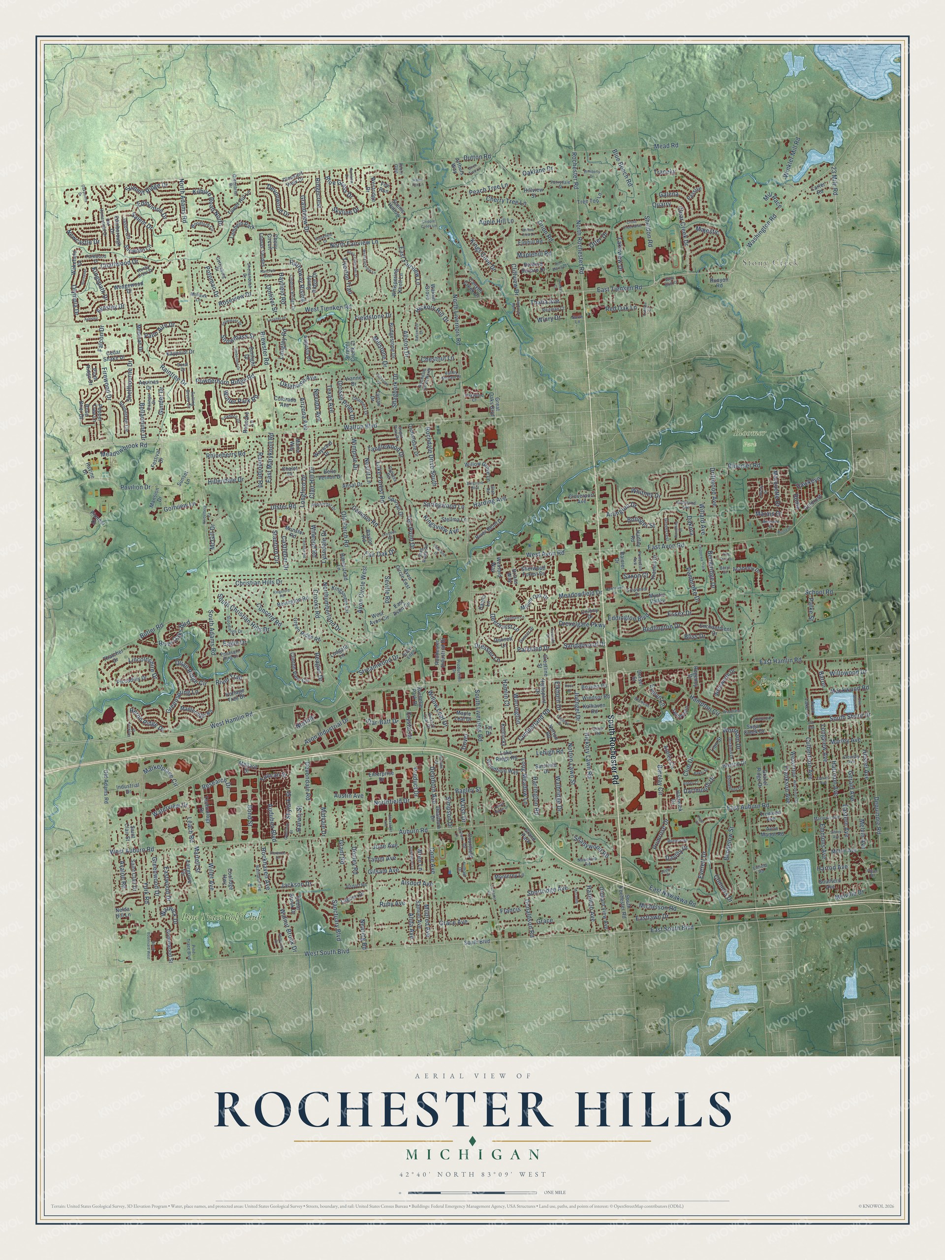 Full map of Rochester Hills, Michigan, with red buildings, printed street names and the land around them