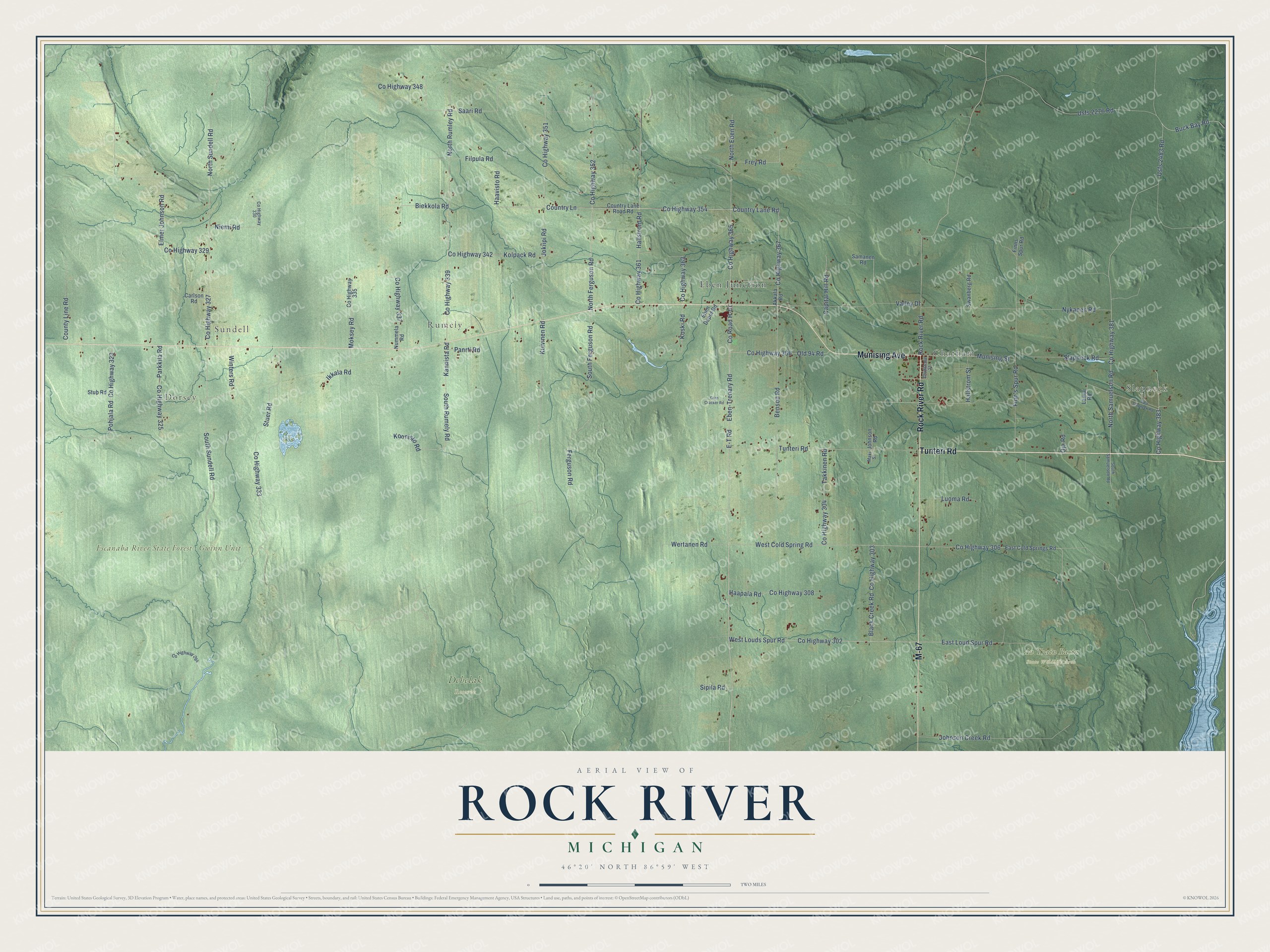 Full map of Rock River, Michigan, with red buildings, printed street names and the land around them
