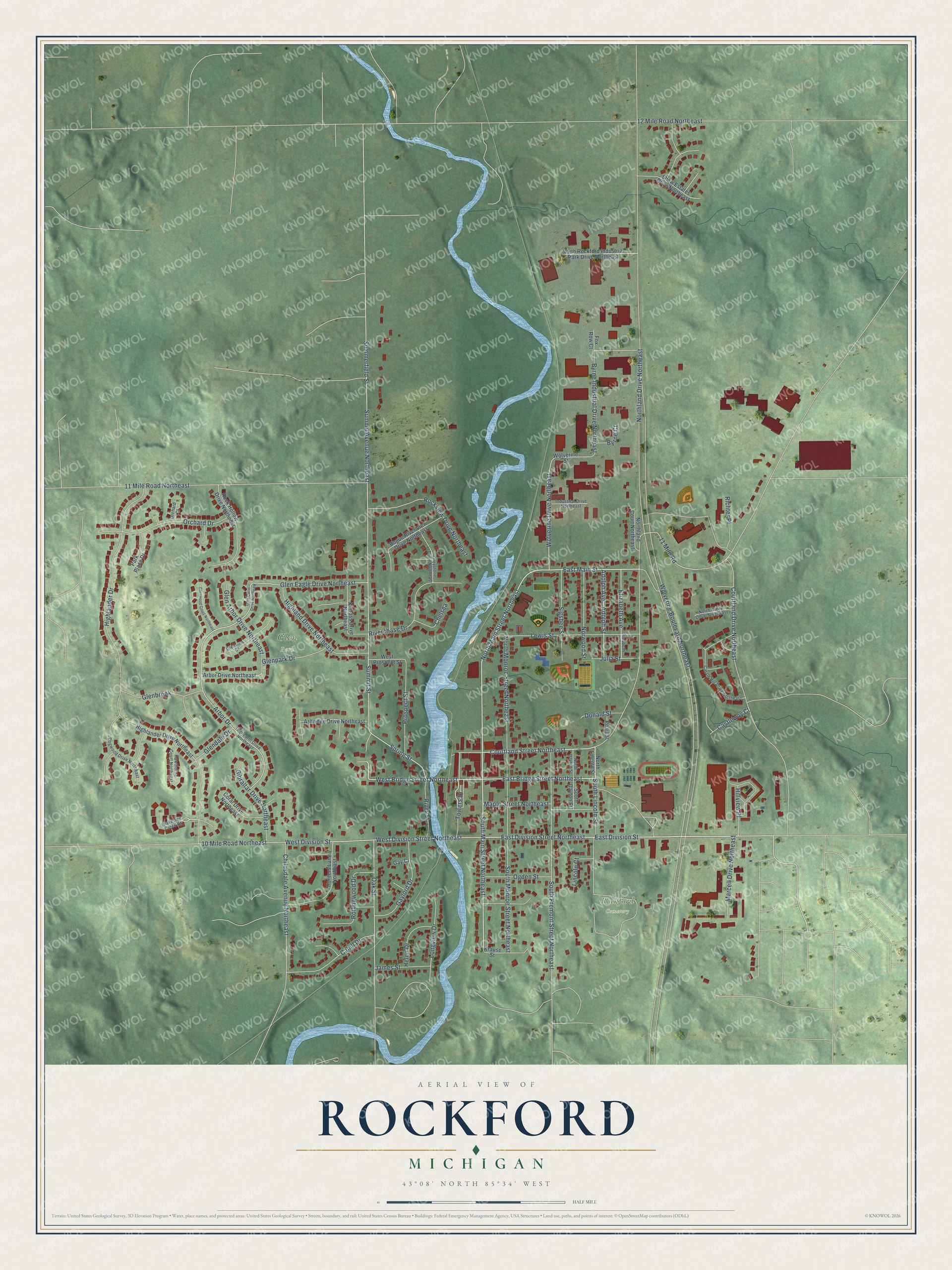 Full map of Rockford, Michigan, with red buildings, printed street names and the land around them