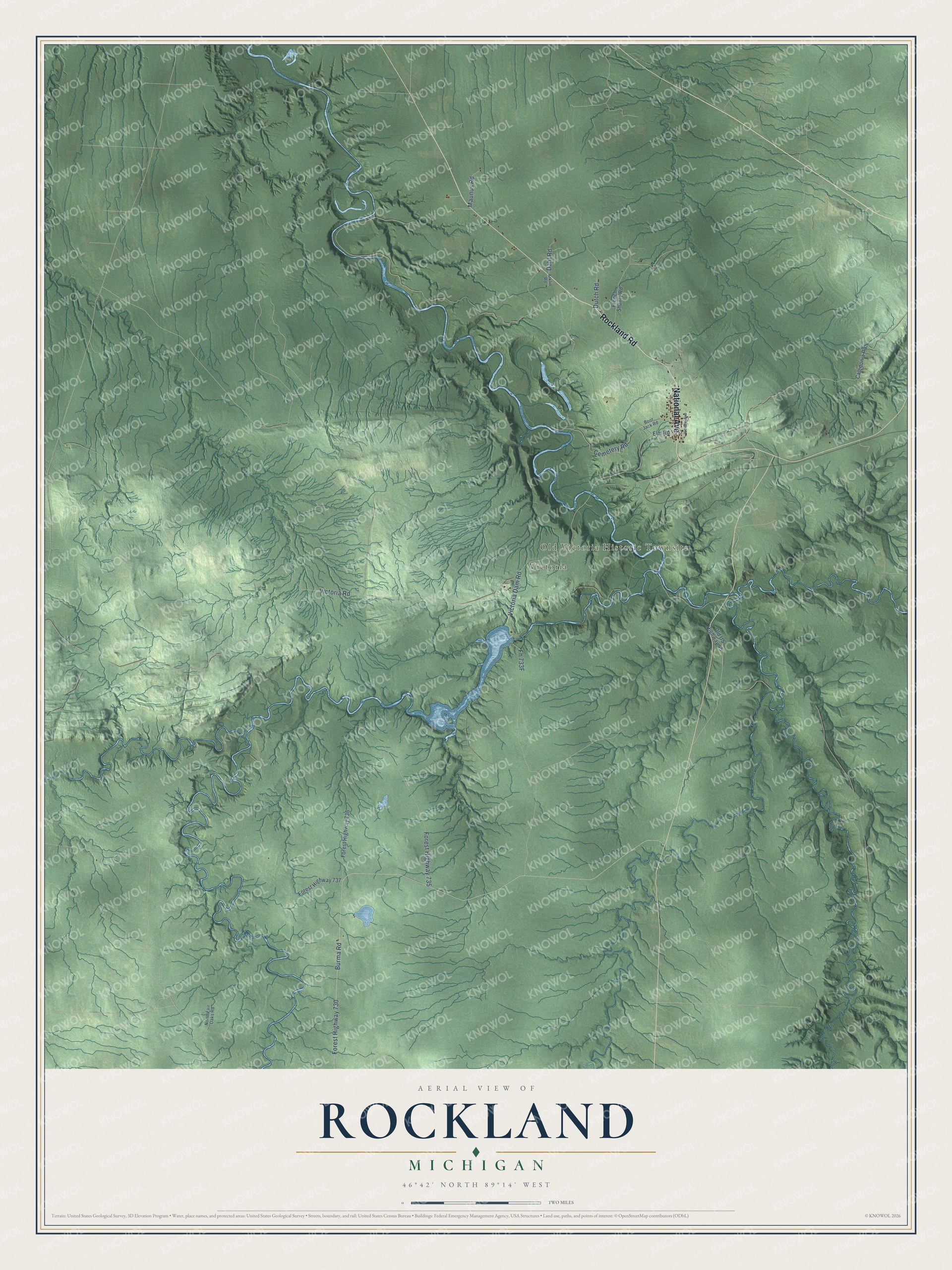 Full map of Rockland, Michigan, with red buildings, printed street names and the land around them