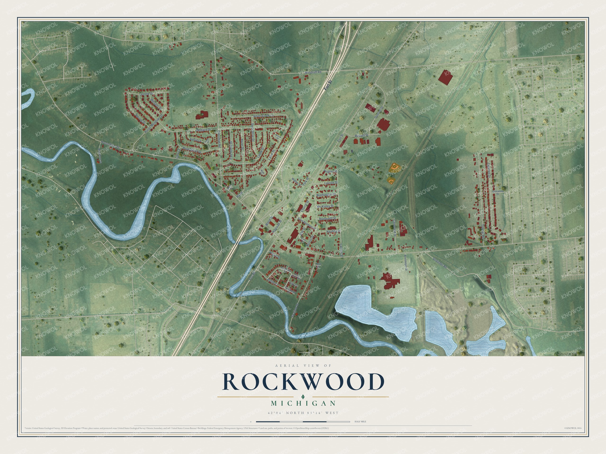Full map of Rockwood, Michigan, with red buildings, printed street names and the land around them