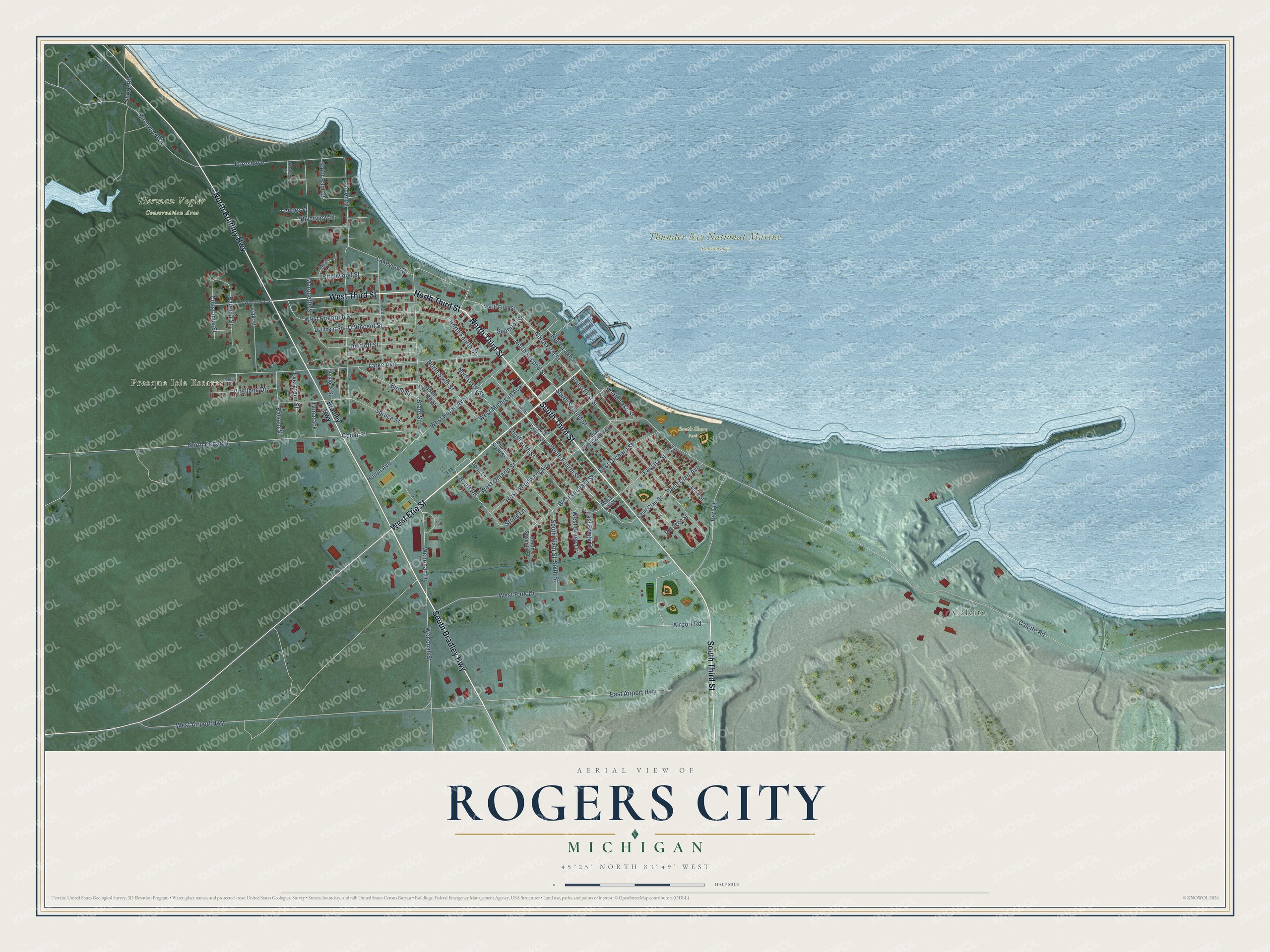 Full map of Rogers City, Michigan, with red buildings, printed street names and the land around them