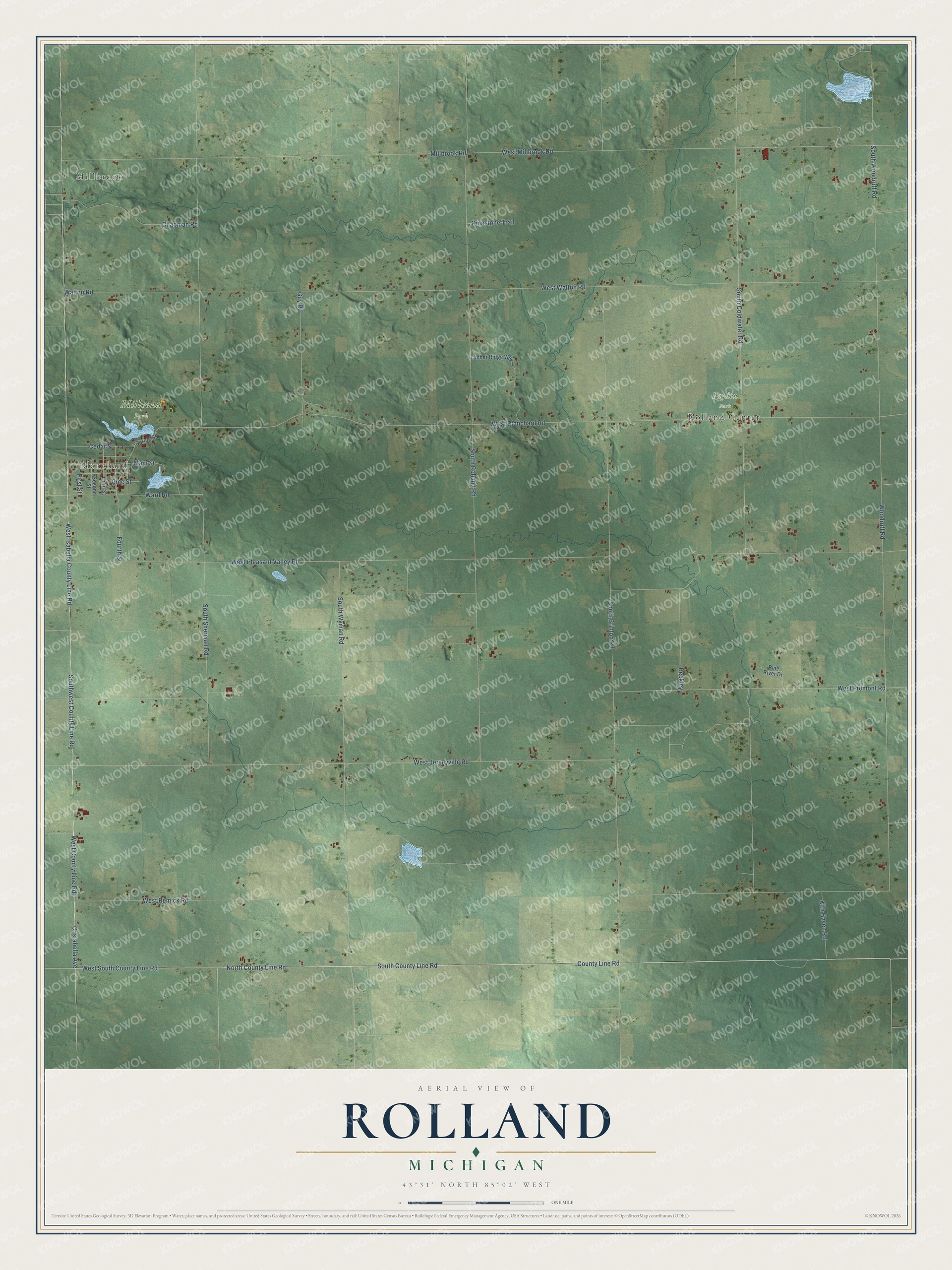 Full map of Rolland, Michigan, with red buildings, printed street names and the land around them