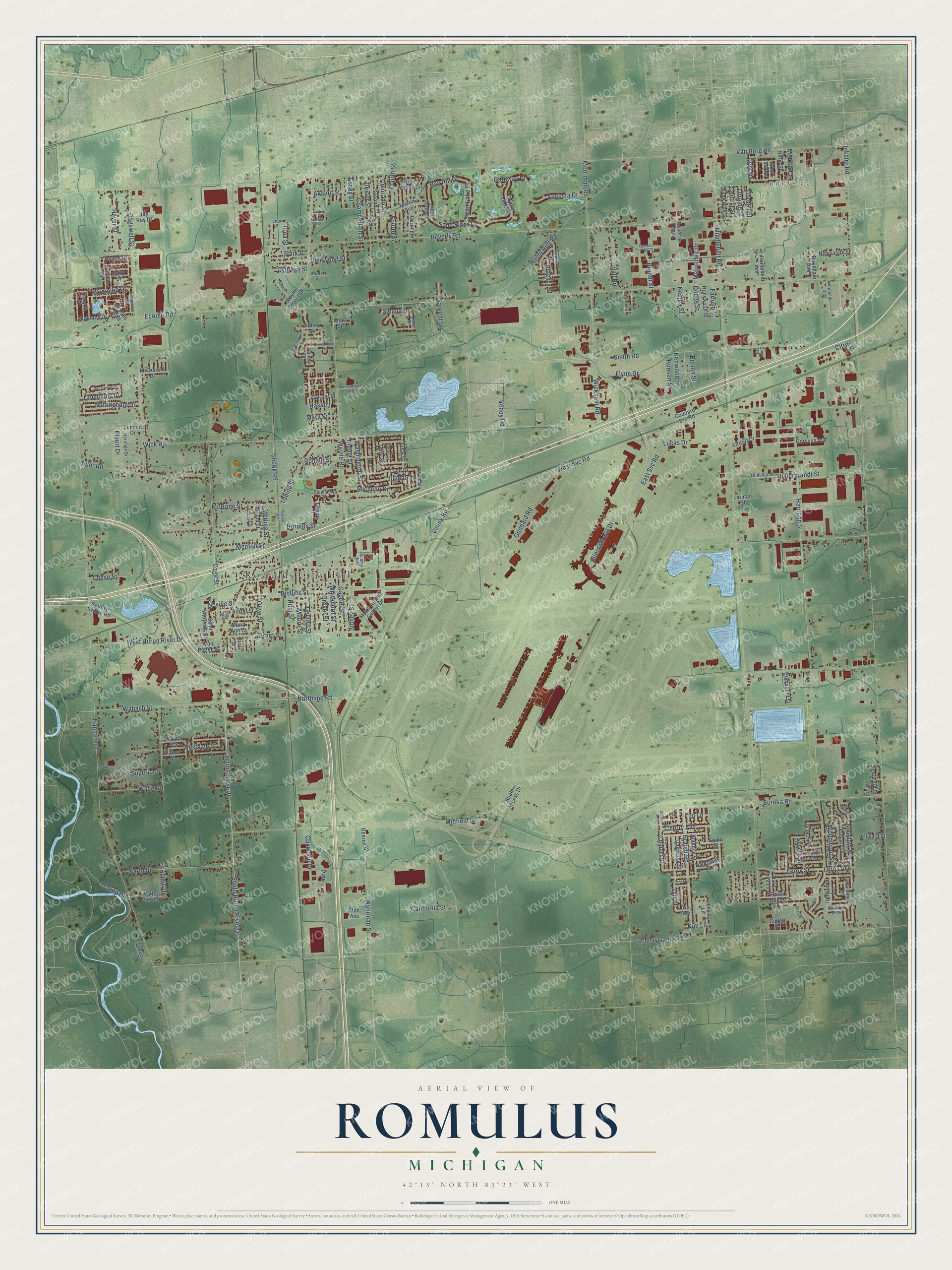 Full map of Romulus, Michigan, with red buildings, printed street names and the land around them