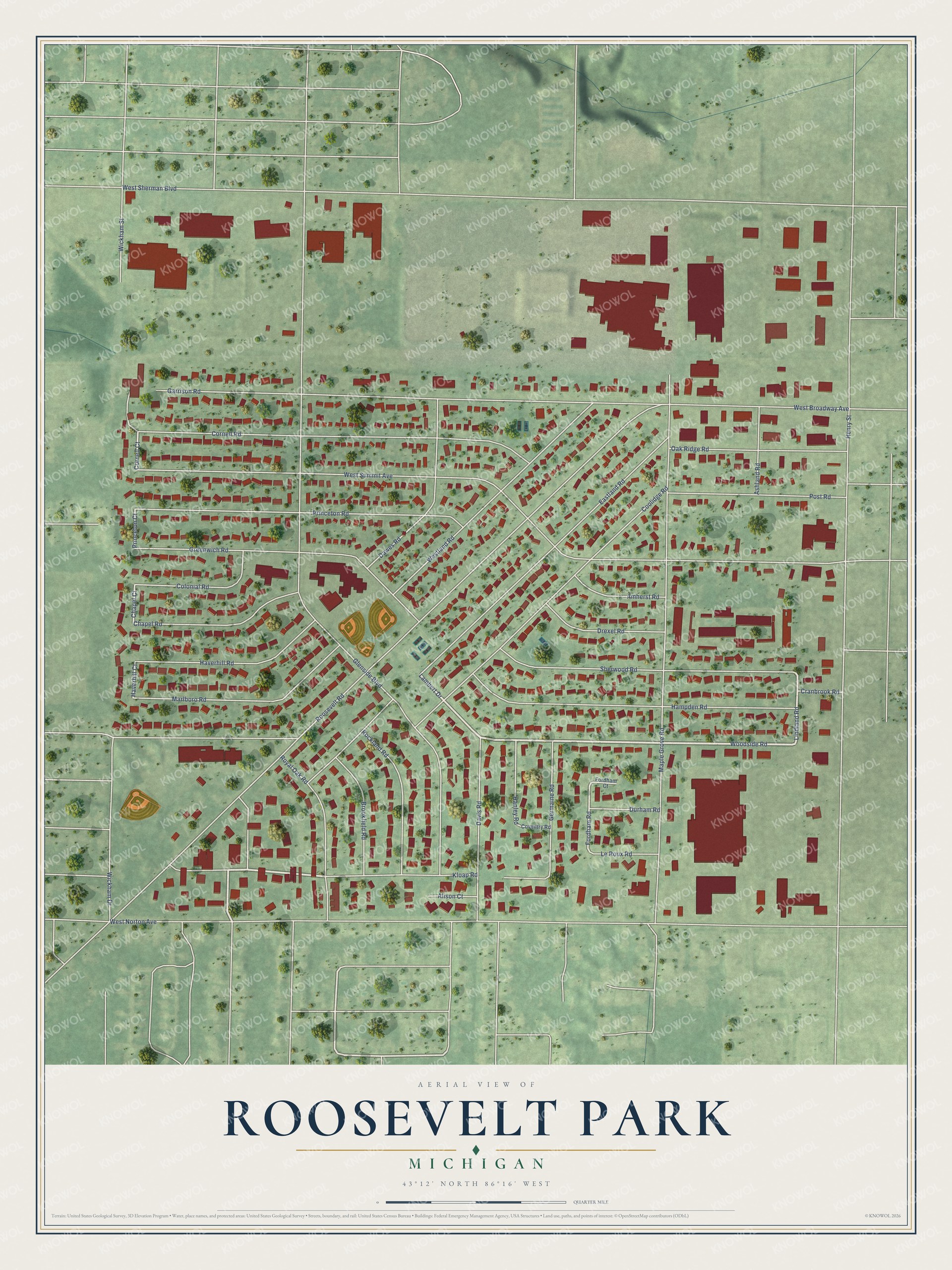 Full map of Roosevelt Park, Michigan, with red buildings, printed street names and the land around them