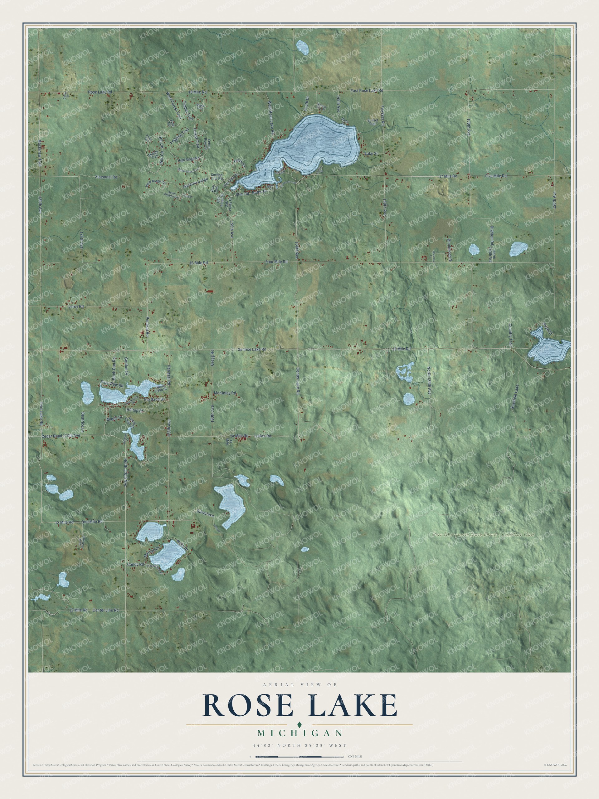 Full map of Rose Lake, Michigan, with red buildings, printed street names and the land around them