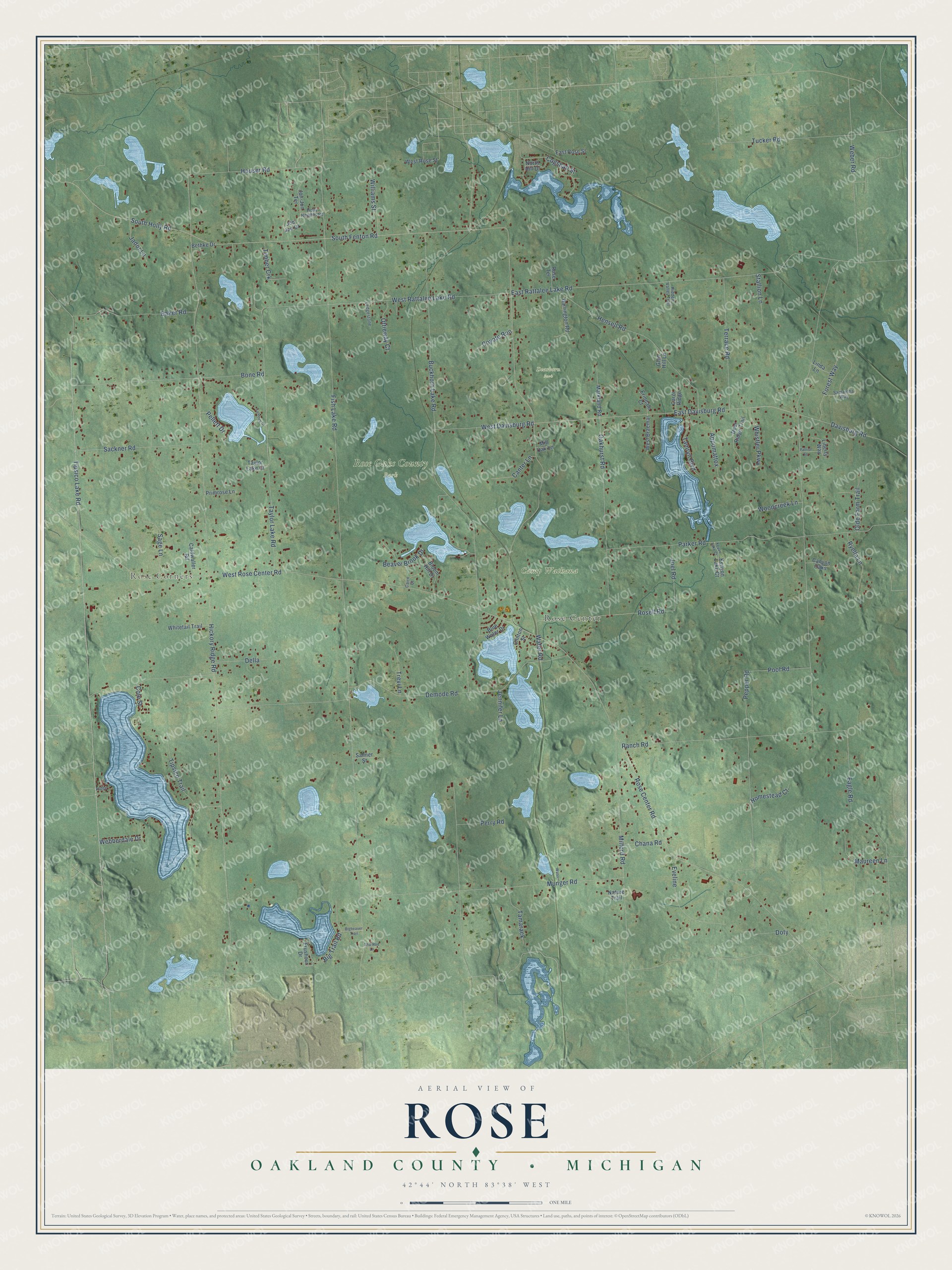 Full map of Rose, Michigan, with red buildings, printed street names and the land around them