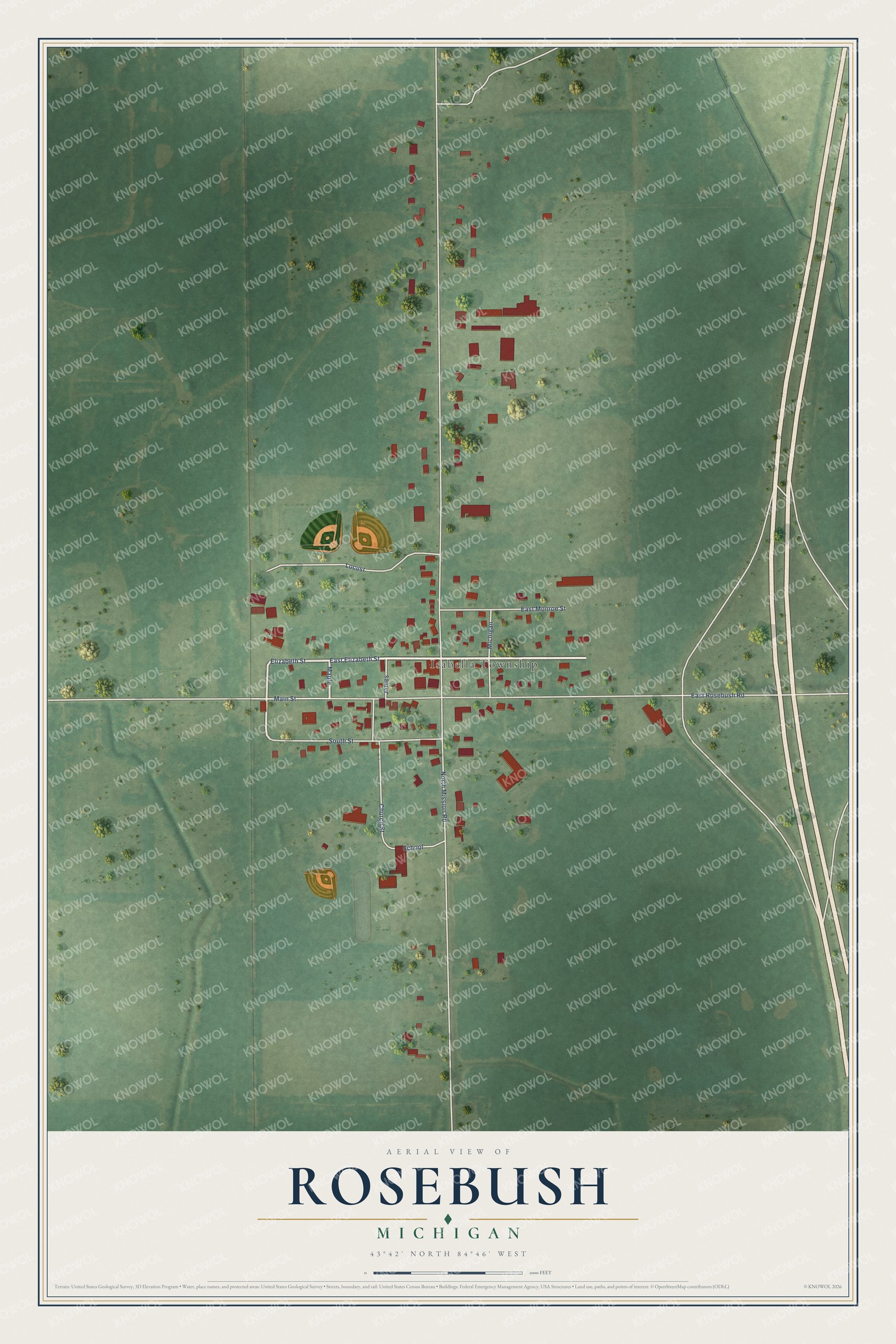 Full map of Rosebush, Michigan, with red buildings, printed street names and the land around them