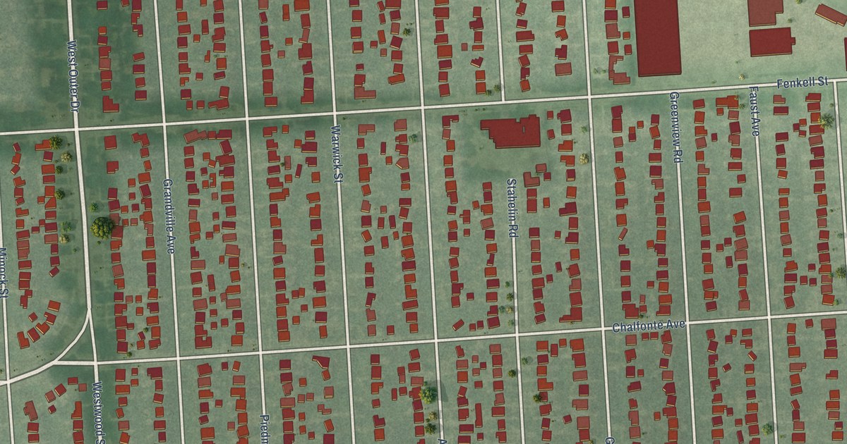 Close-up of streets and buildings in Rosedale Park, Michigan