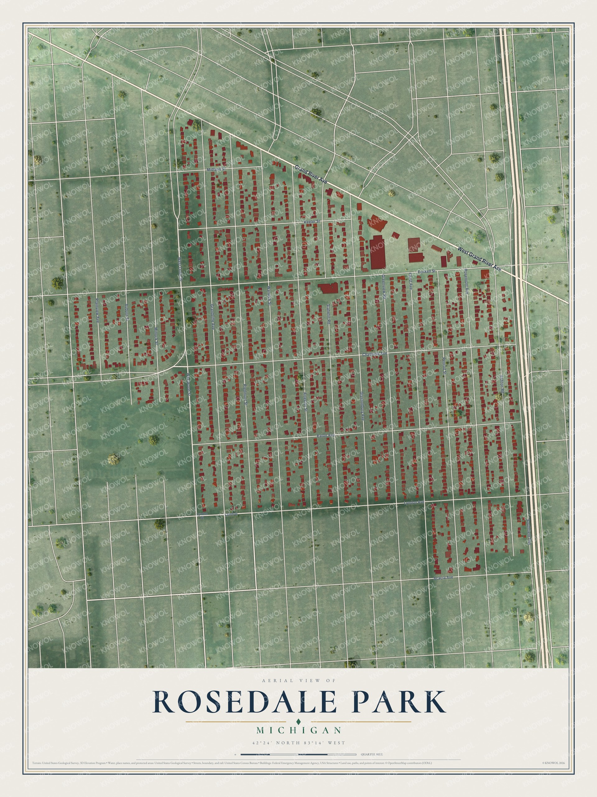 Full map of Rosedale Park, Michigan, with red buildings, printed street names and the land around them