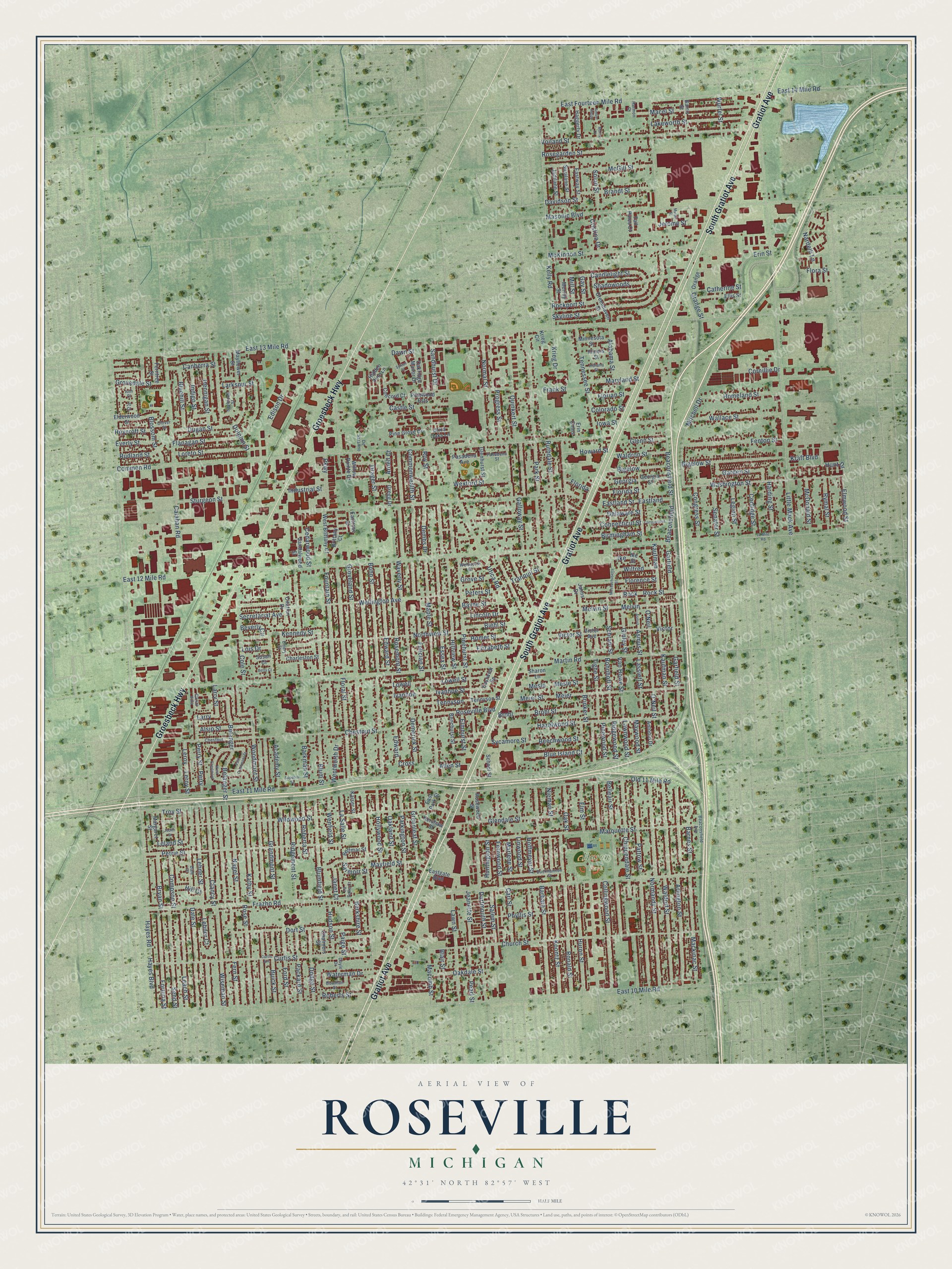 Full map of Roseville, Michigan, with red buildings, printed street names and the land around them