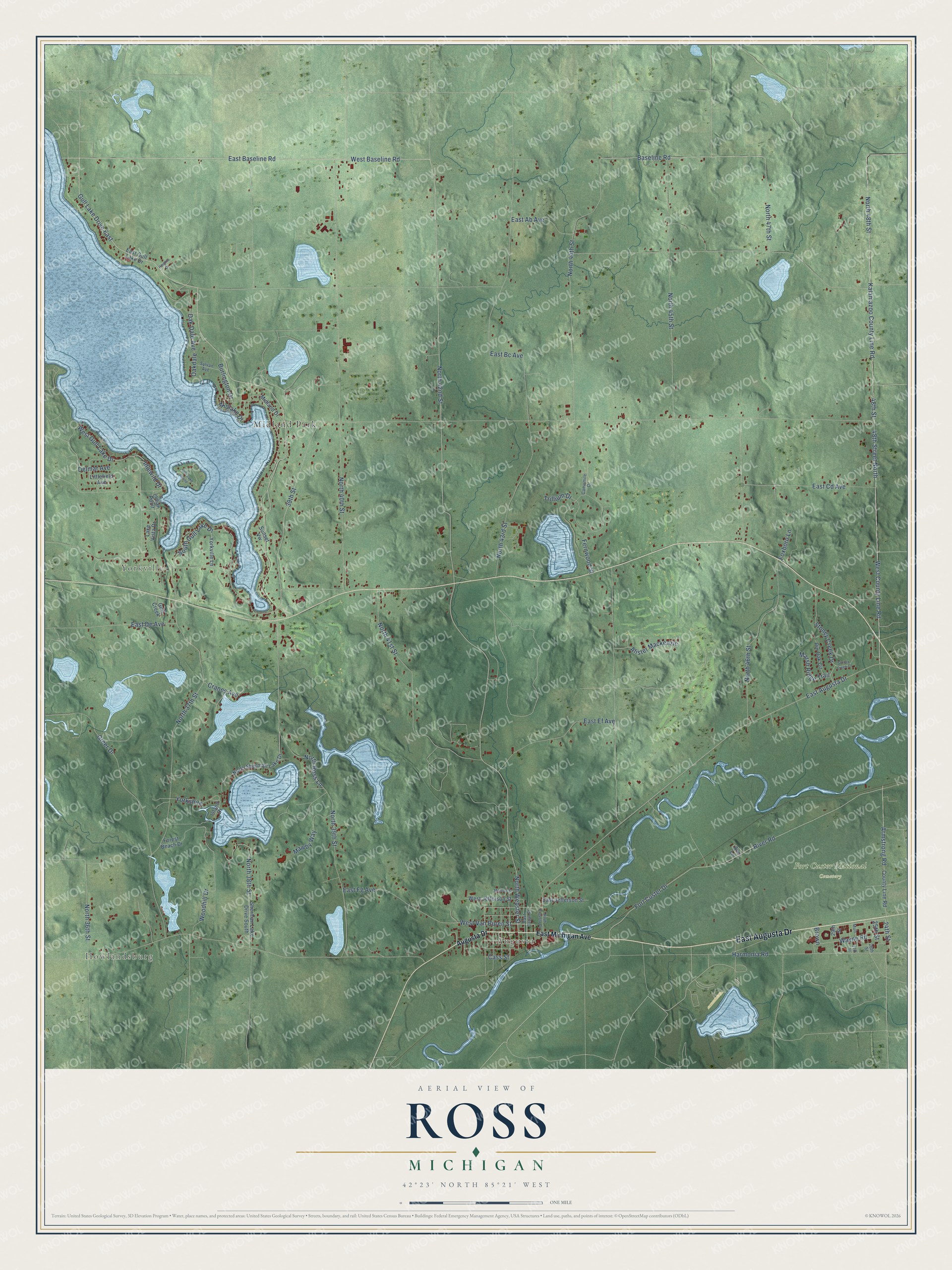 Full map of Ross, Michigan, with red buildings, printed street names and the land around them