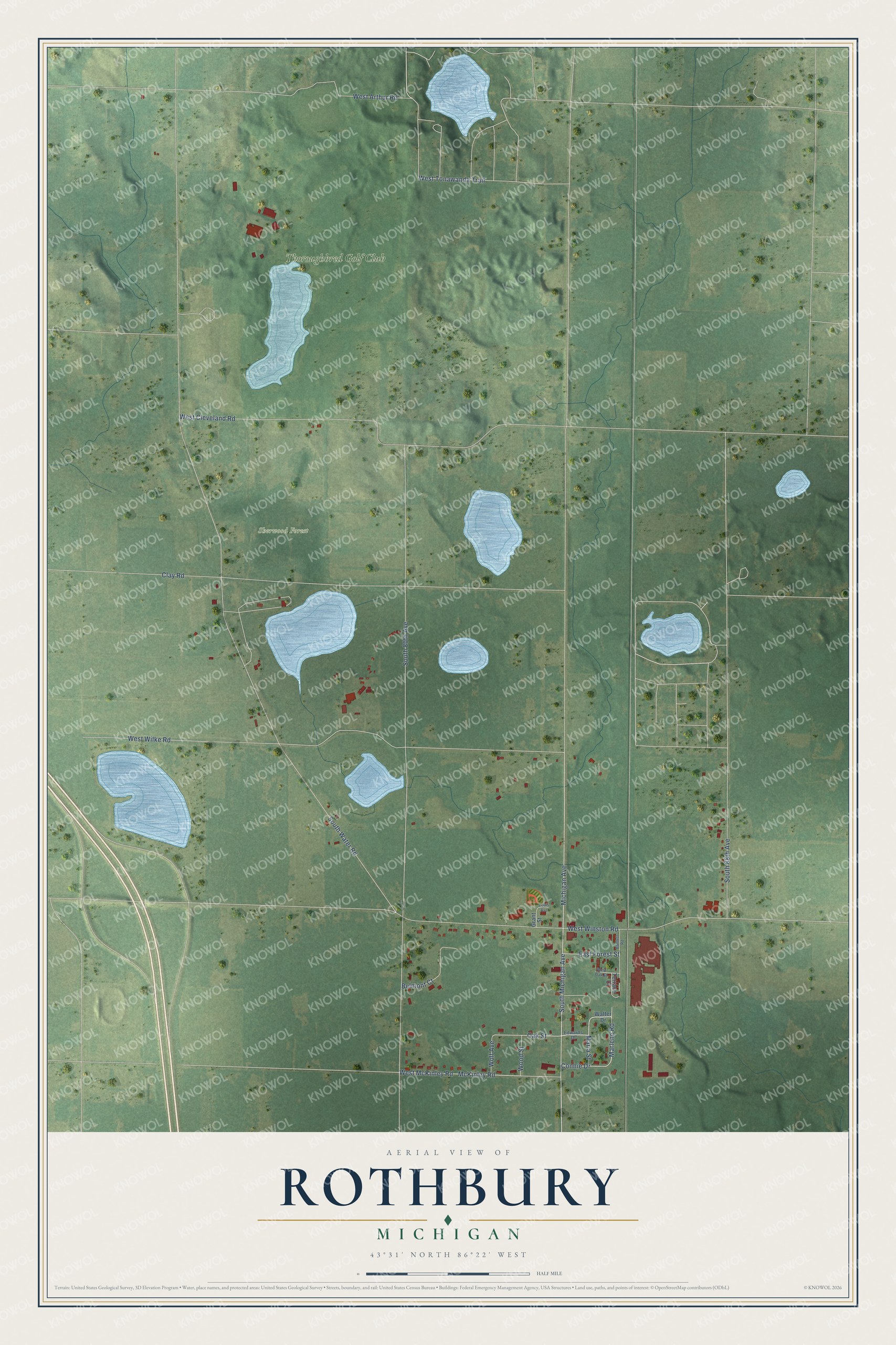 Full map of Rothbury, Michigan, with red buildings, printed street names and the land around them