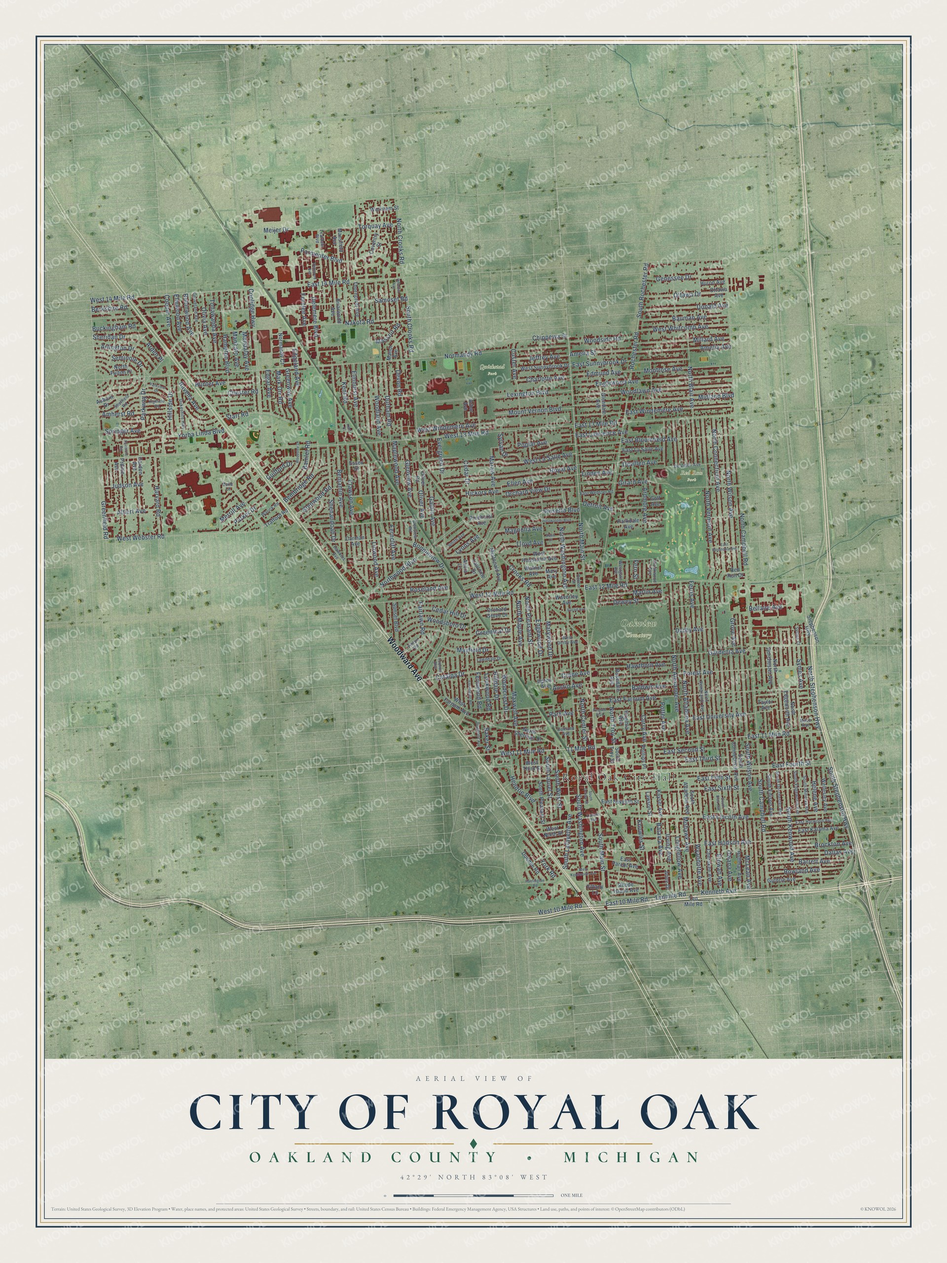 Full map of Royal Oak, Michigan, with red buildings, printed street names and the land around them