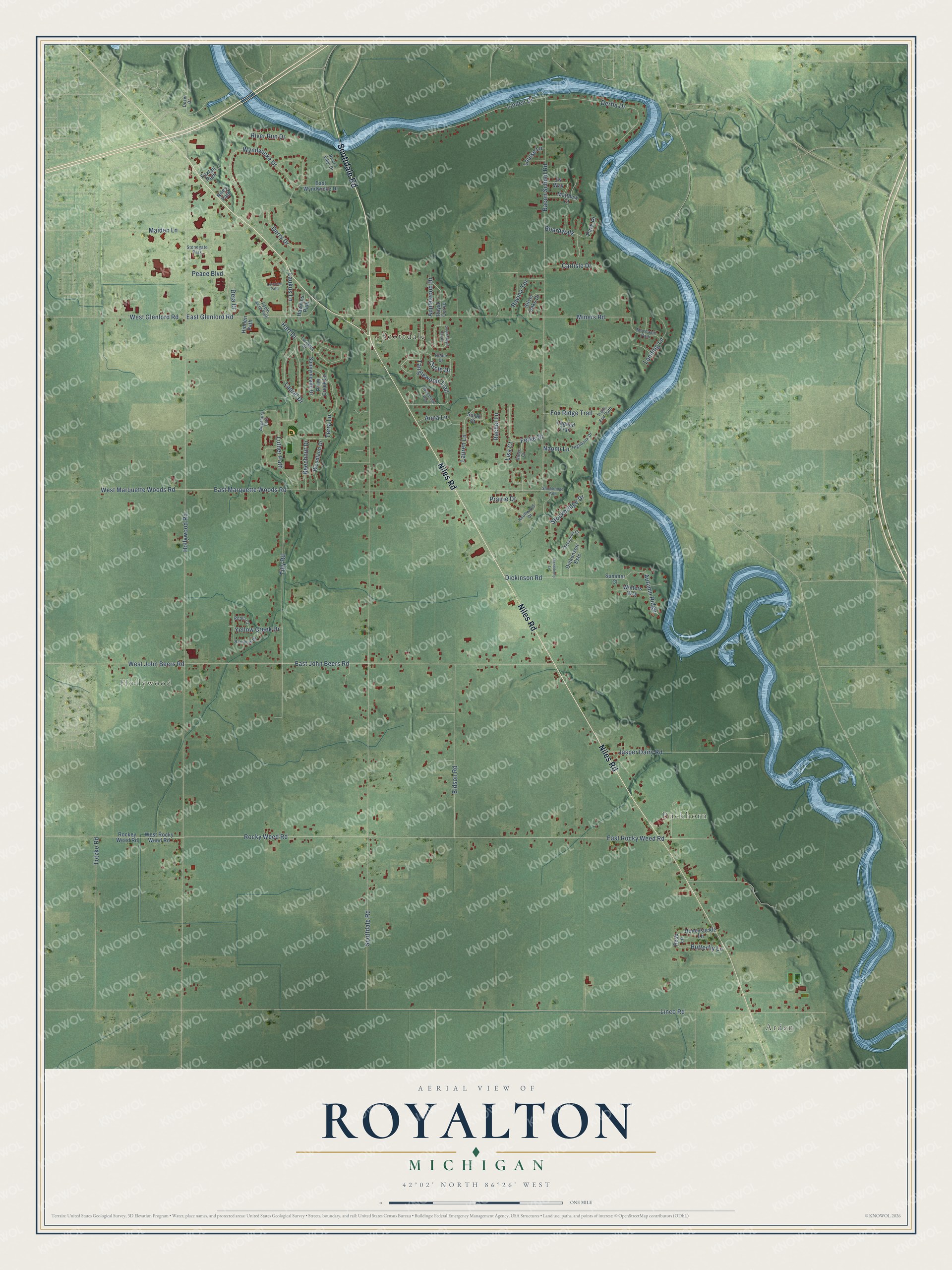 Full map of Royalton, Michigan, with red buildings, printed street names and the land around them
