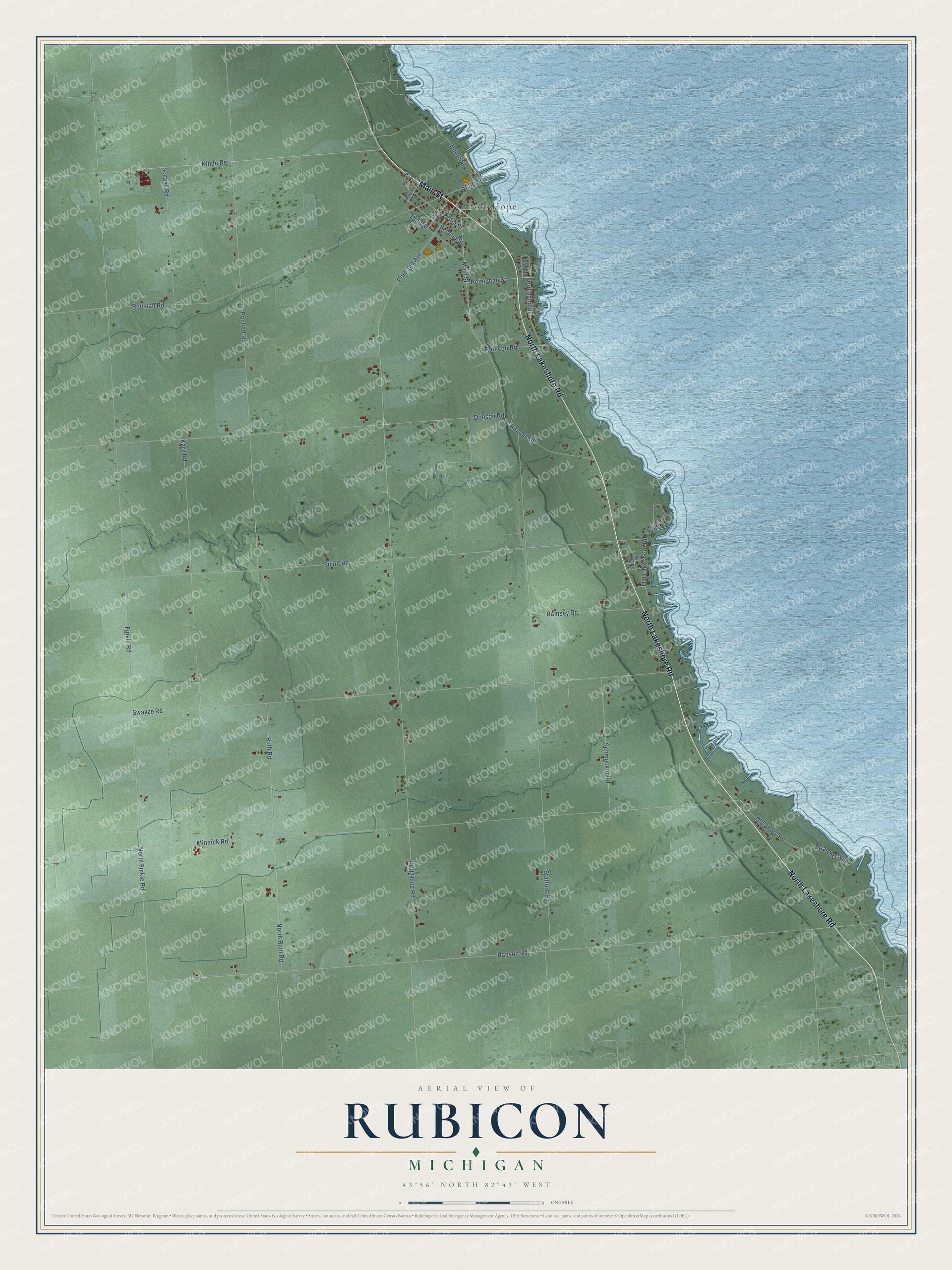 Full map of Rubicon, Michigan, with red buildings, printed street names and the land around them