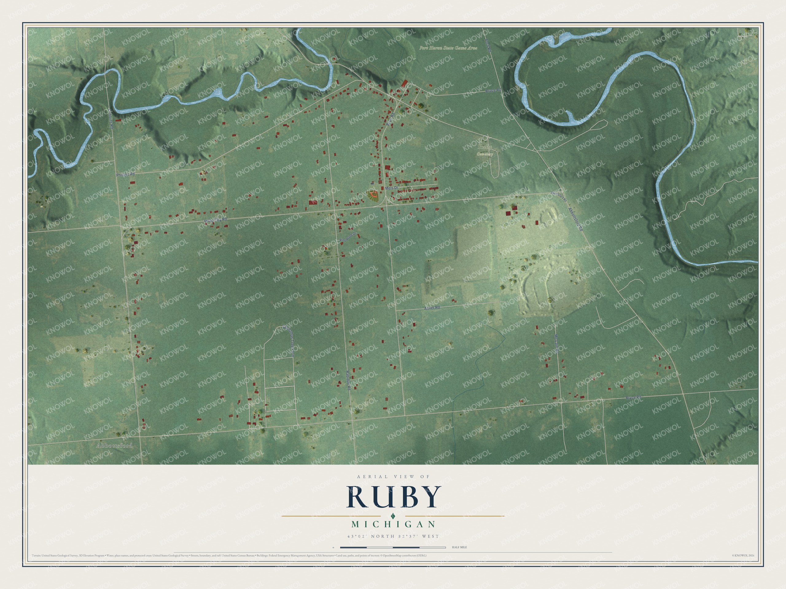 Full map of Ruby, Michigan, with red buildings, printed street names and the land around them