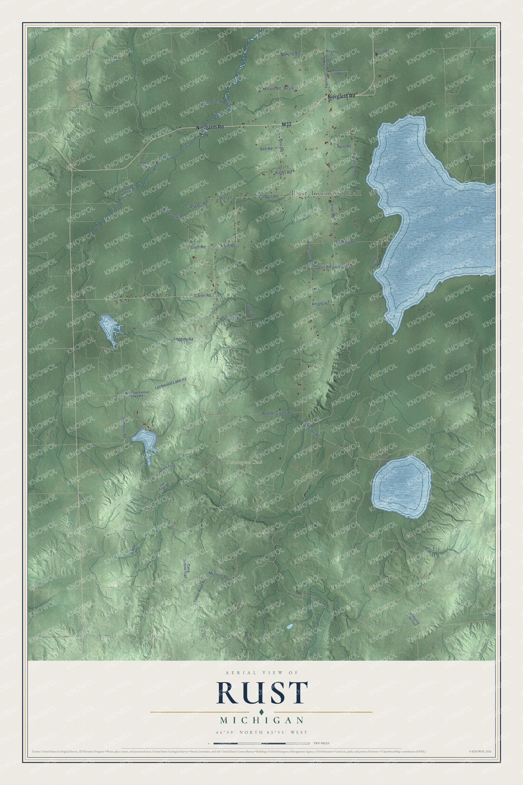 Full map of Rust, Michigan, with red buildings, printed street names and the land around them