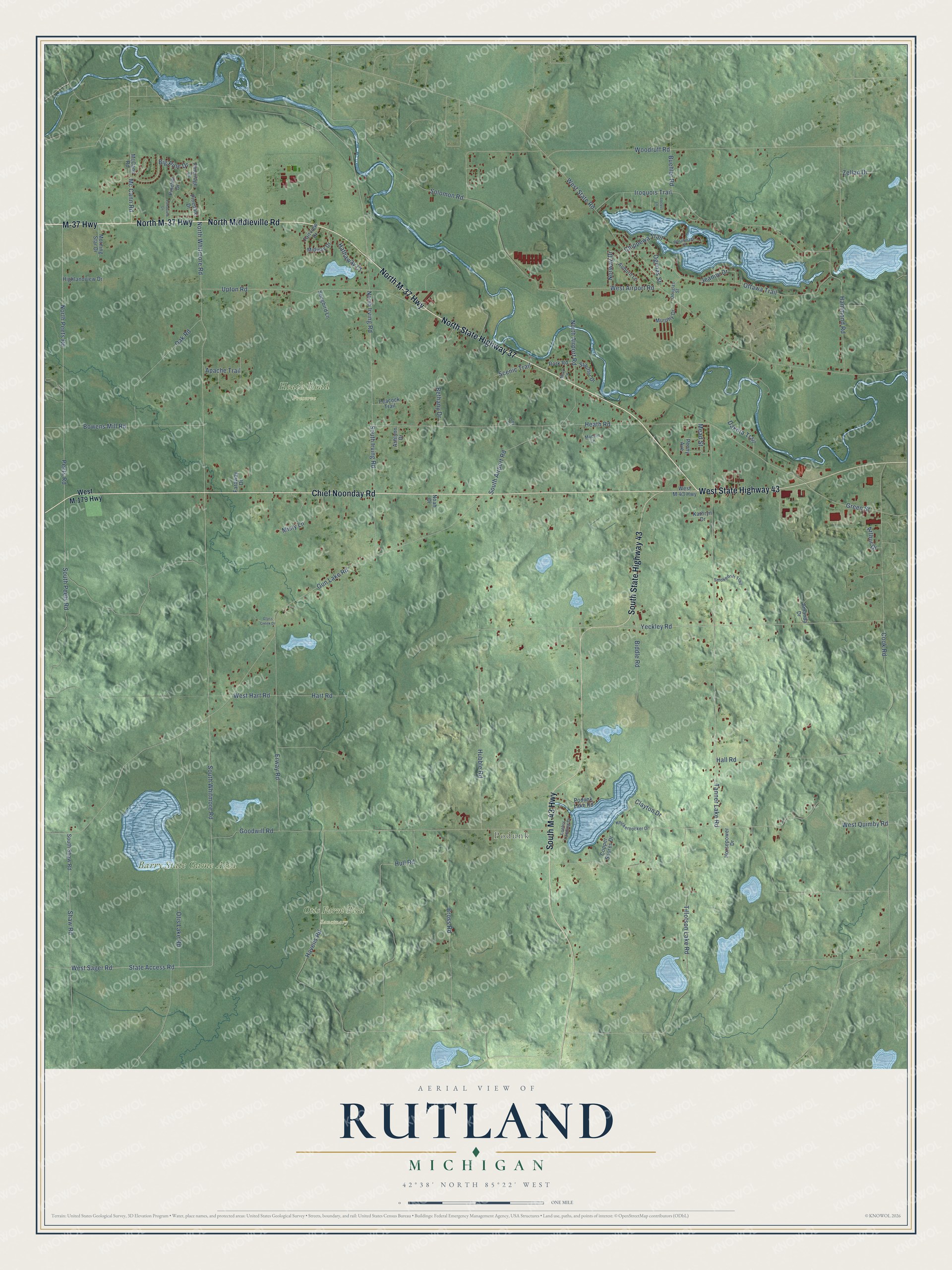 Full map of Rutland, Michigan, with red buildings, printed street names and the land around them