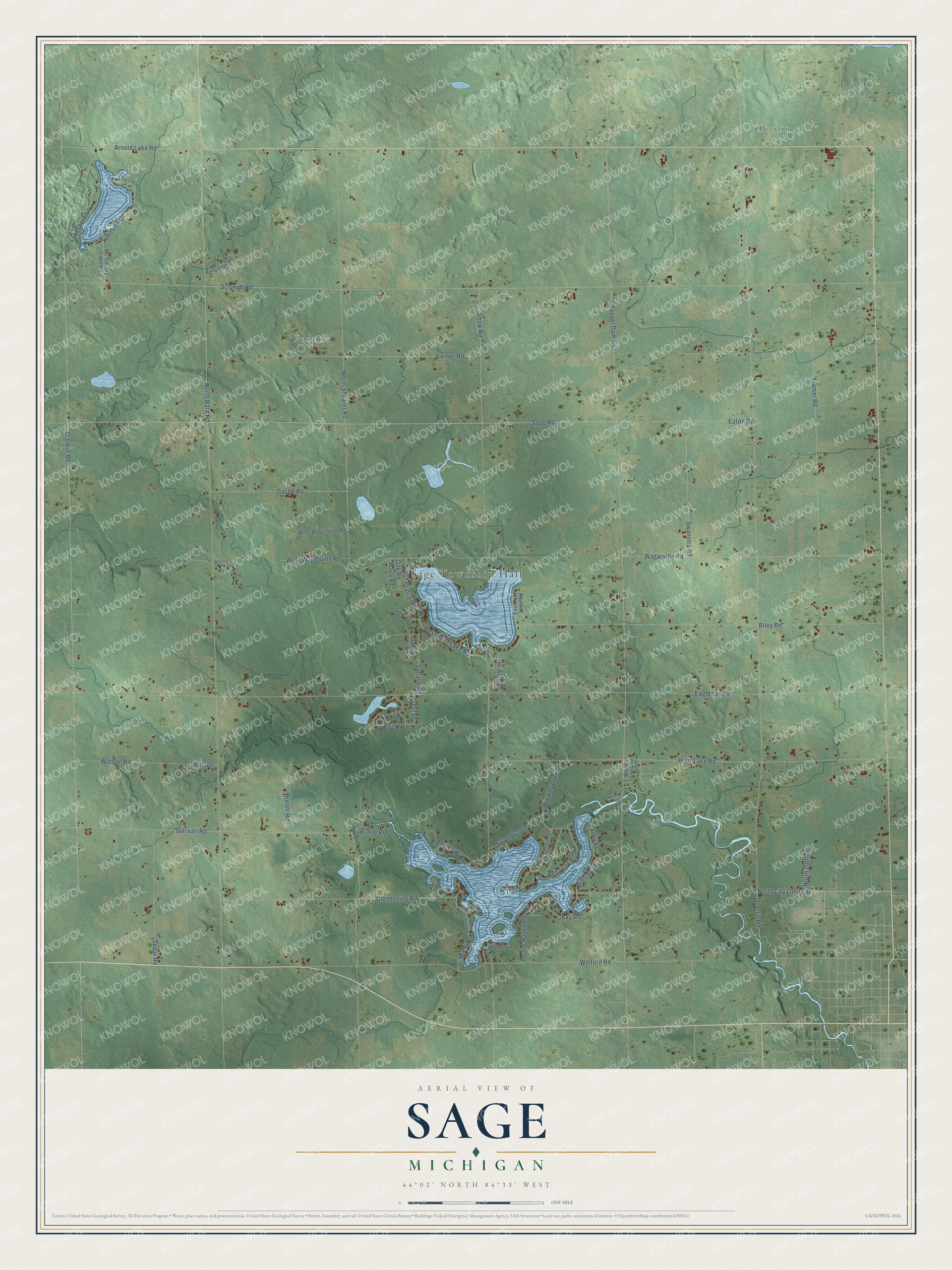 Full map of Sage, Michigan, with red buildings, printed street names and the land around them