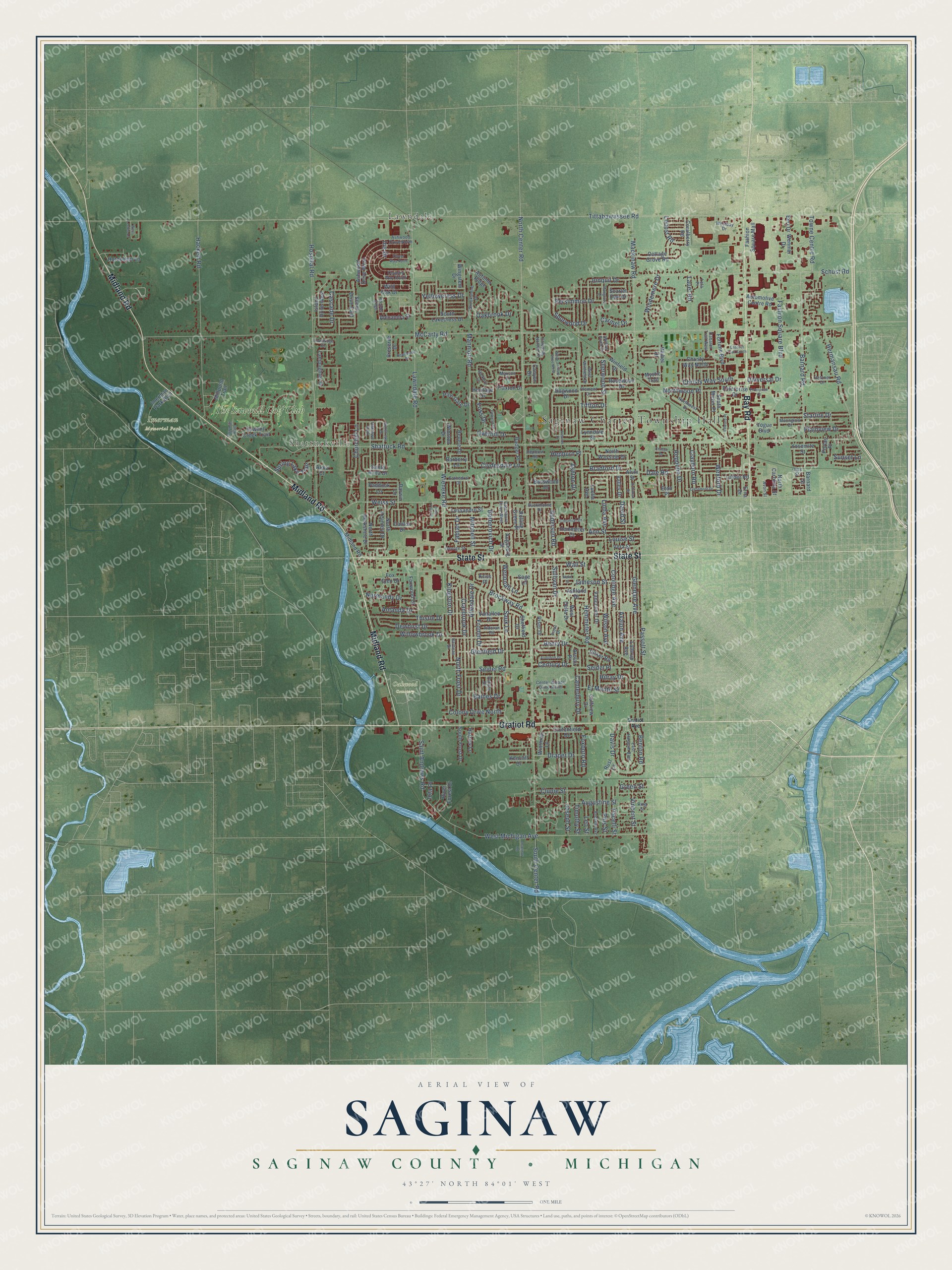 Full map of Saginaw, Michigan, with red buildings, printed street names and the land around them