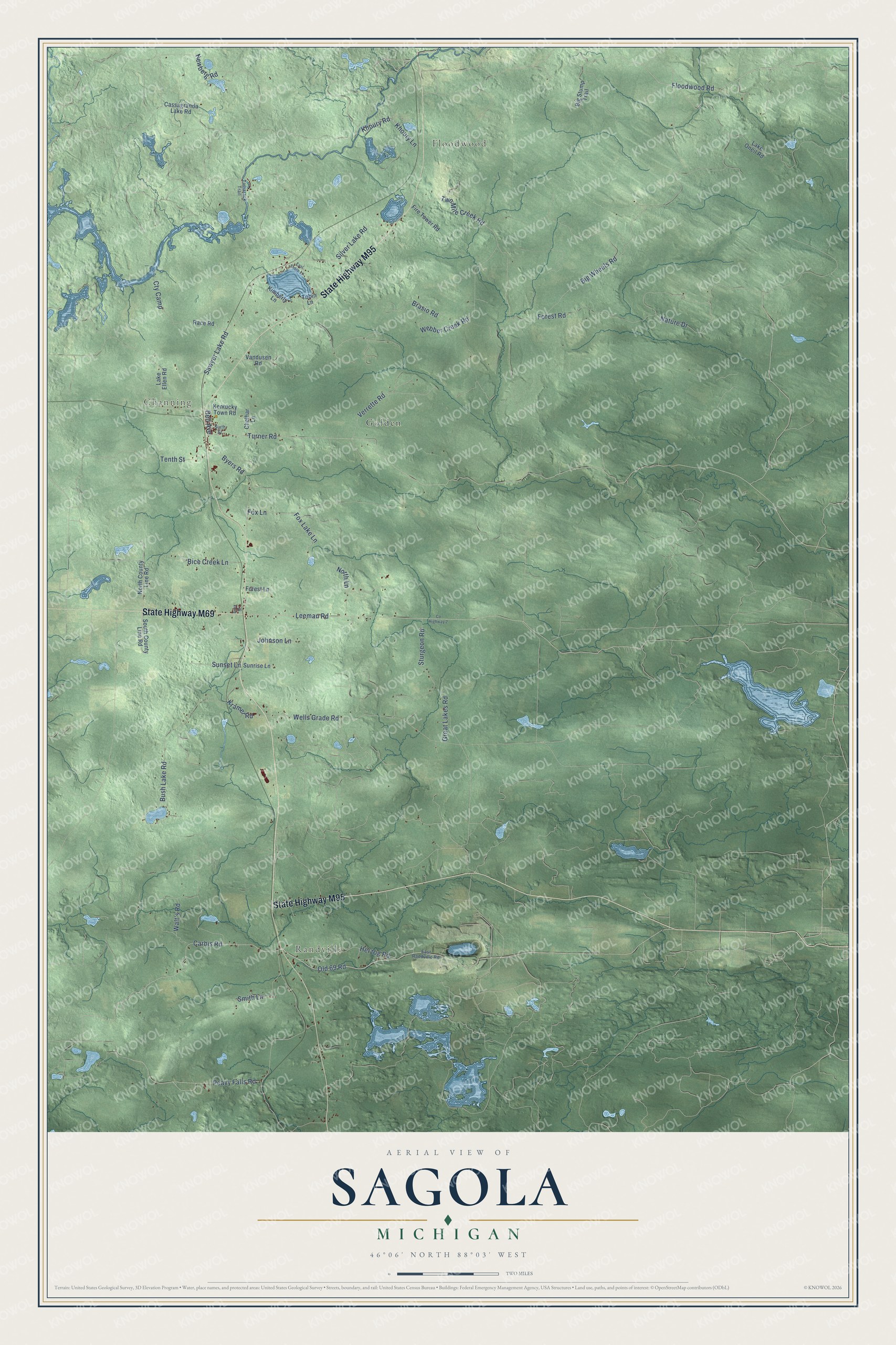 Full map of Sagola, Michigan, with red buildings, printed street names and the land around them