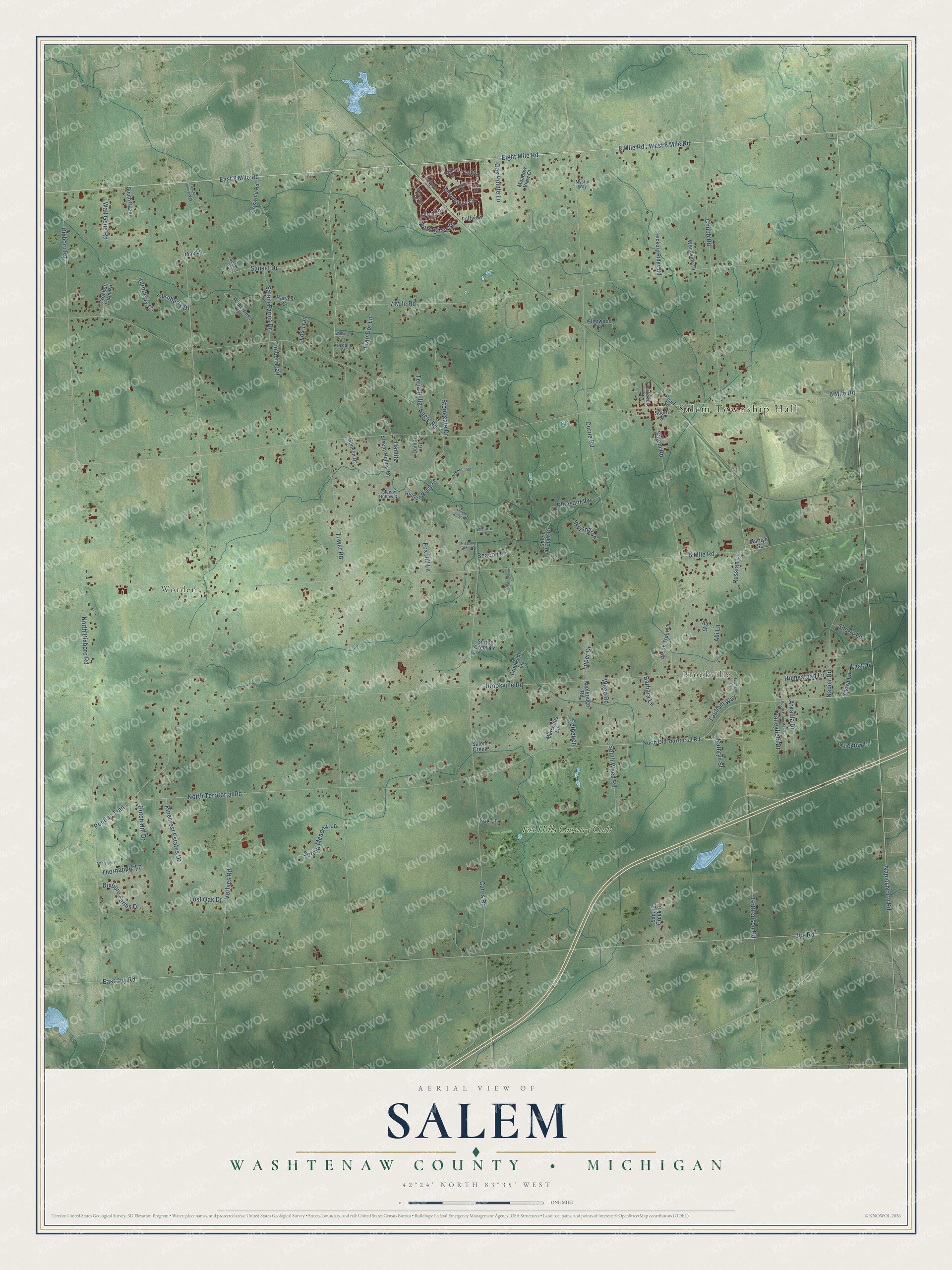 Full map of Salem, Michigan, with red buildings, printed street names and the land around them