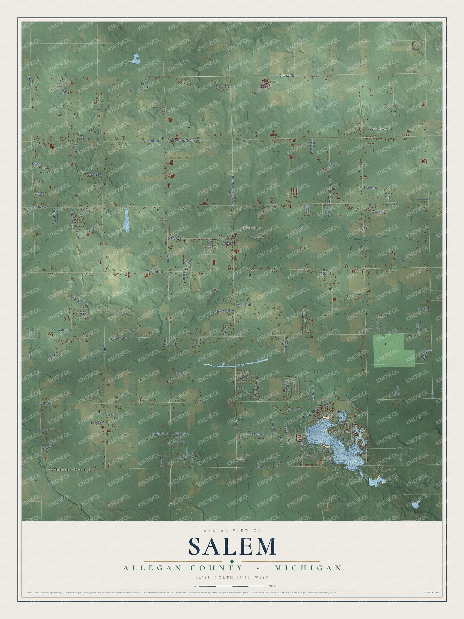 Full map of Salem, Michigan, with red buildings, printed street names and the land around them