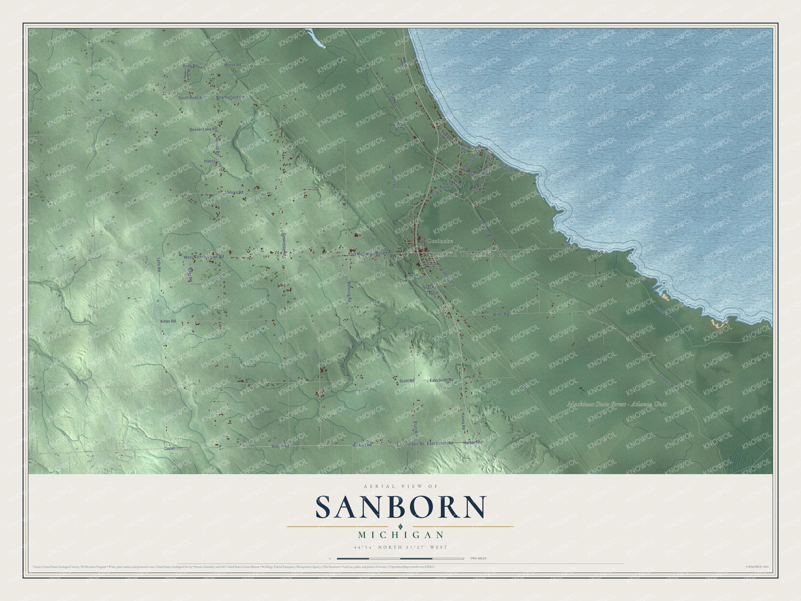 Full map of Sanborn, Michigan, with red buildings, printed street names and the land around them