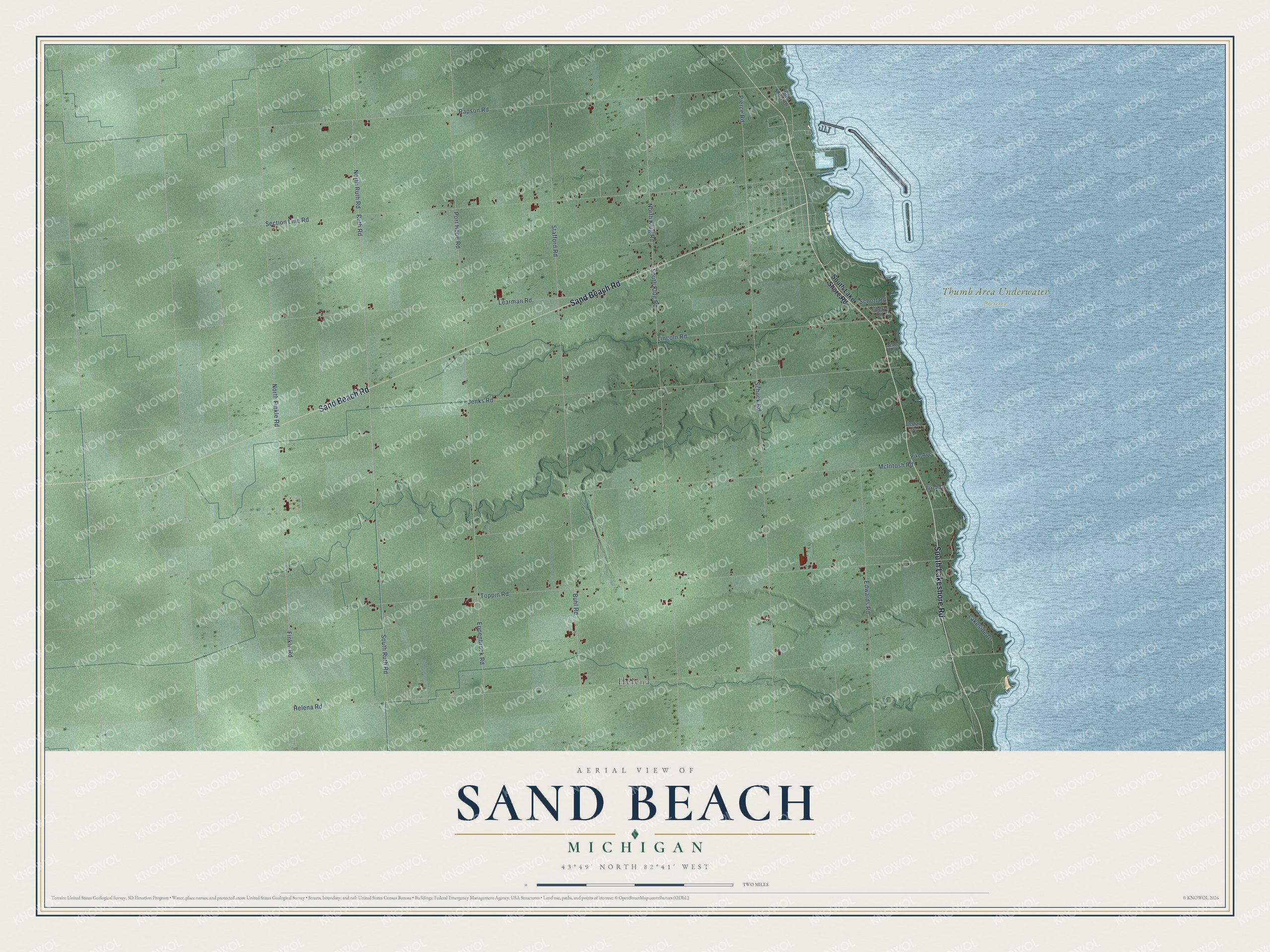 Full map of Sand Beach, Michigan, with red buildings, printed street names and the land around them