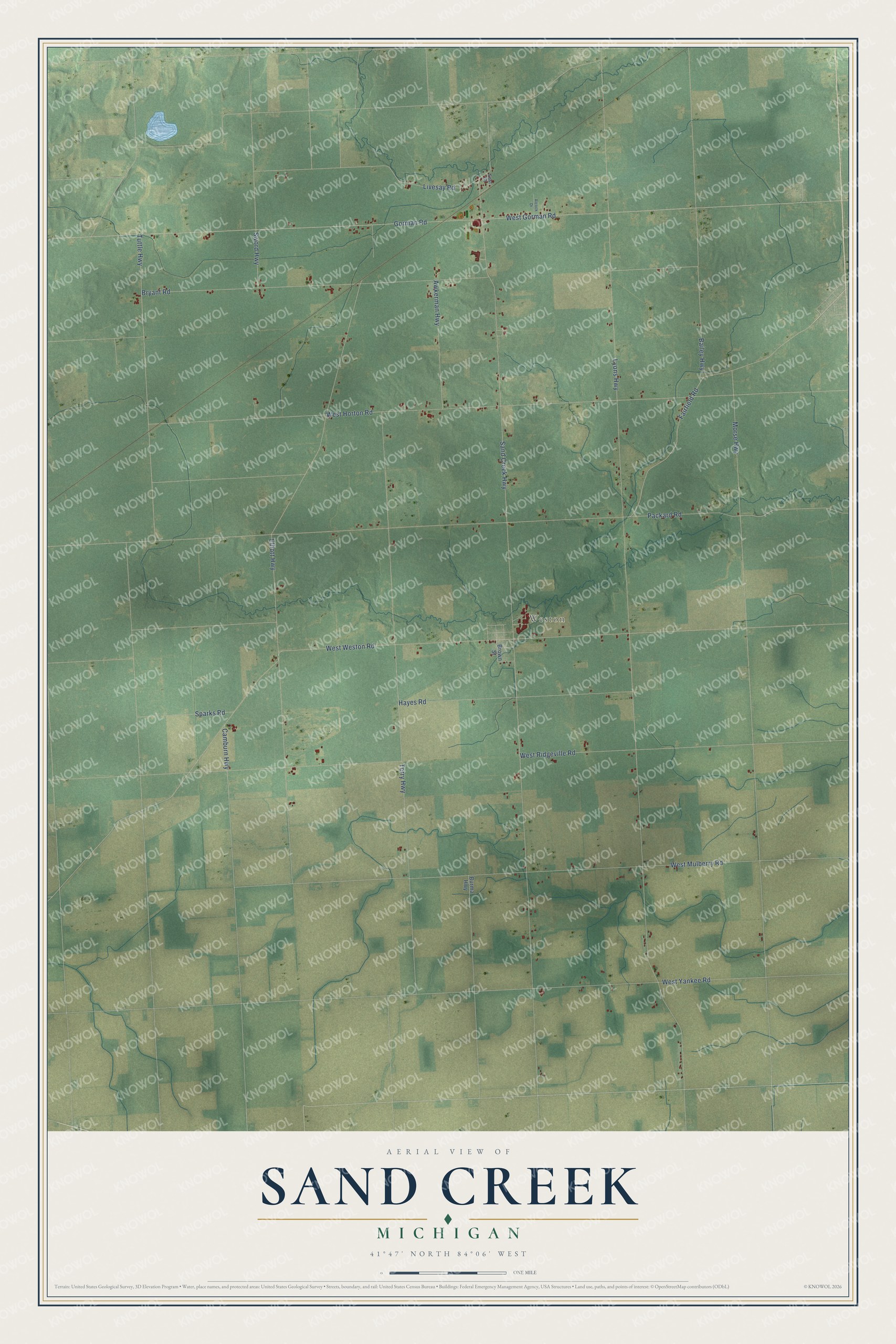 Full map of Sand Creek, Michigan, with red buildings, printed street names and the land around them