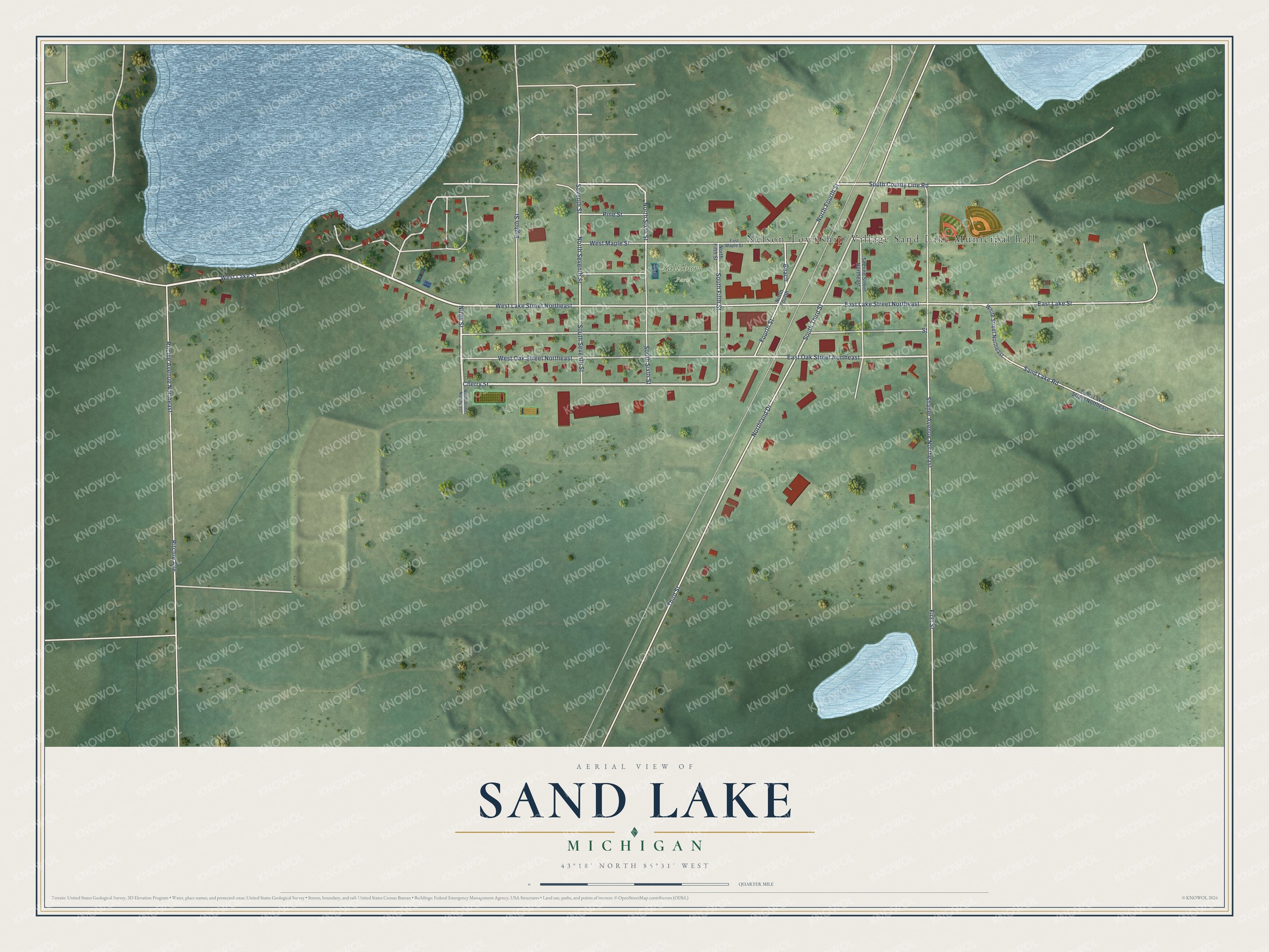 Full map of Sand Lake, Michigan, with red buildings, printed street names and the land around them