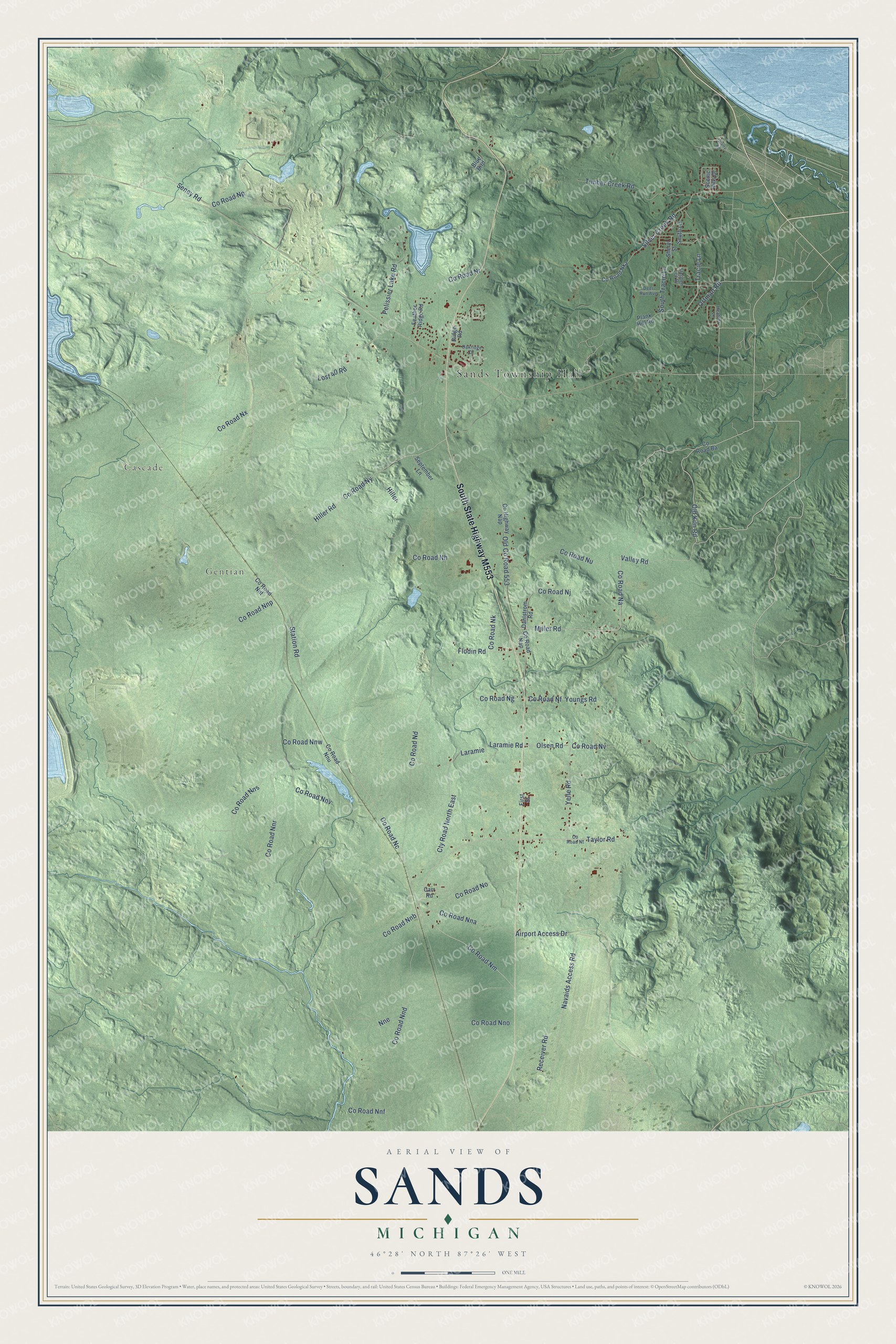 Full map of Sands, Michigan, with red buildings, printed street names and the land around them