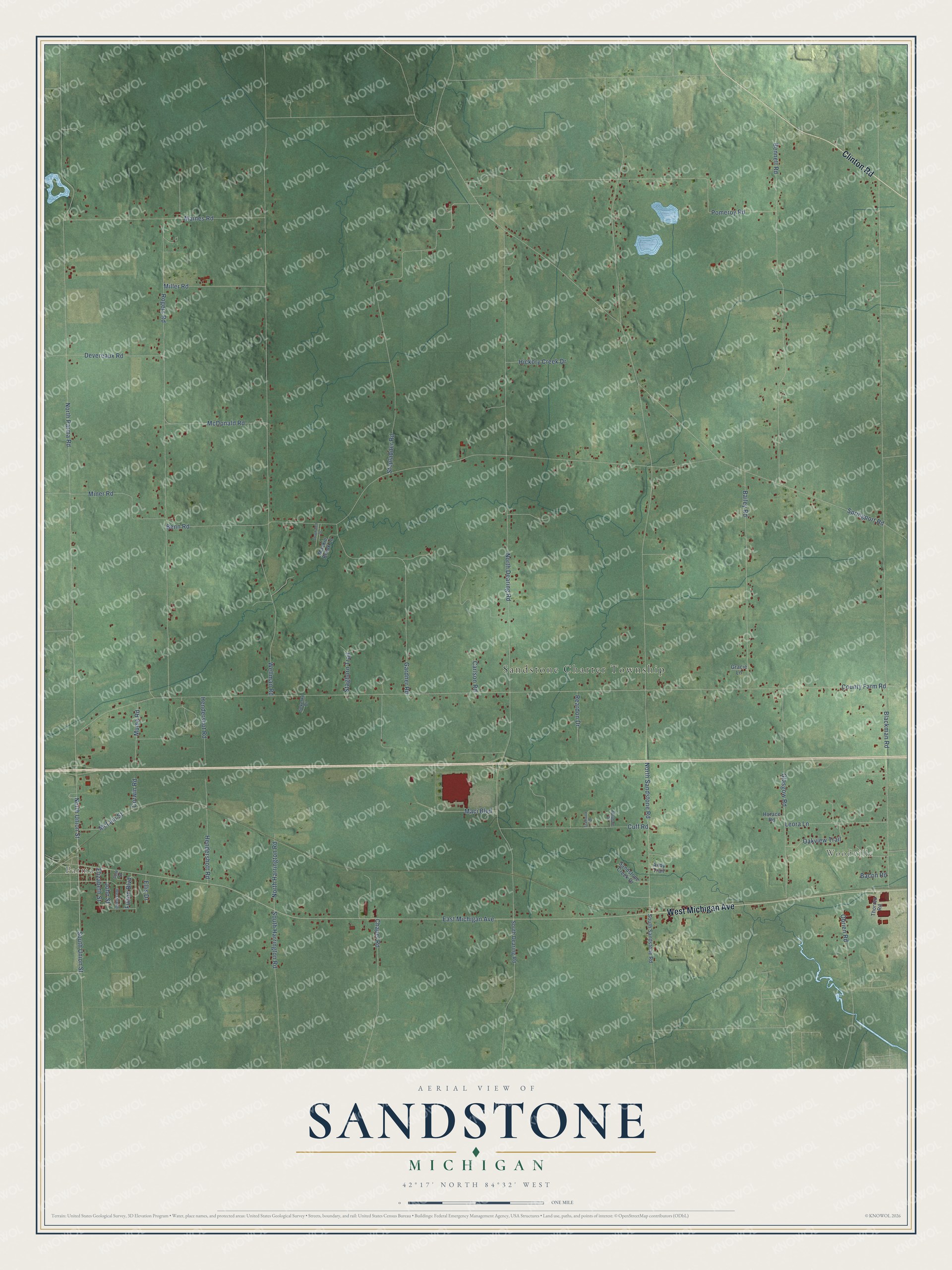 Full map of Sandstone, Michigan, with red buildings, printed street names and the land around them