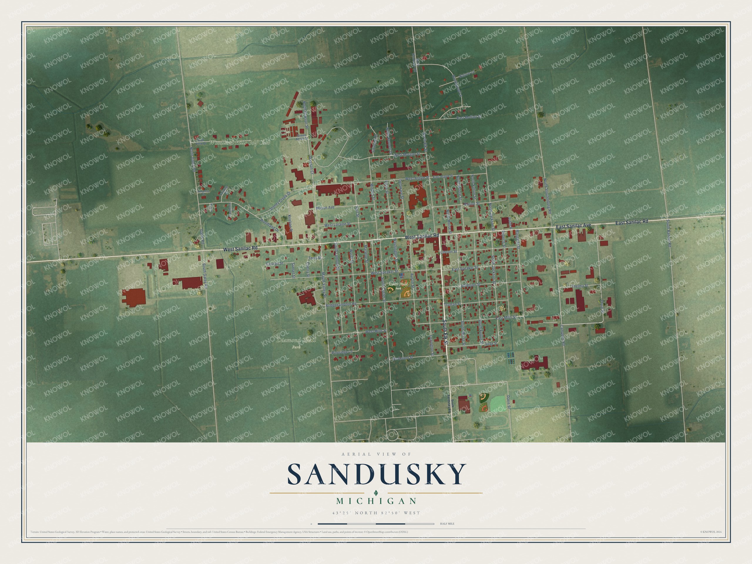 Full map of Sandusky, Michigan, with red buildings, printed street names and the land around them