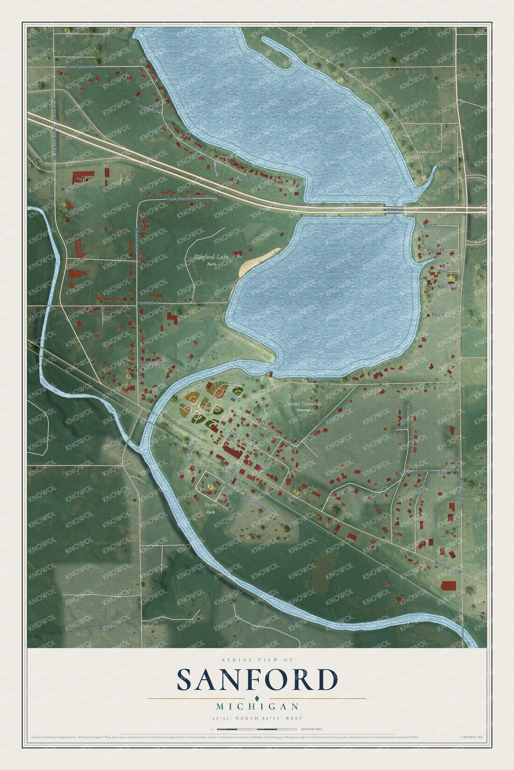 Full map of Sanford, Michigan, with red buildings, printed street names and the land around them