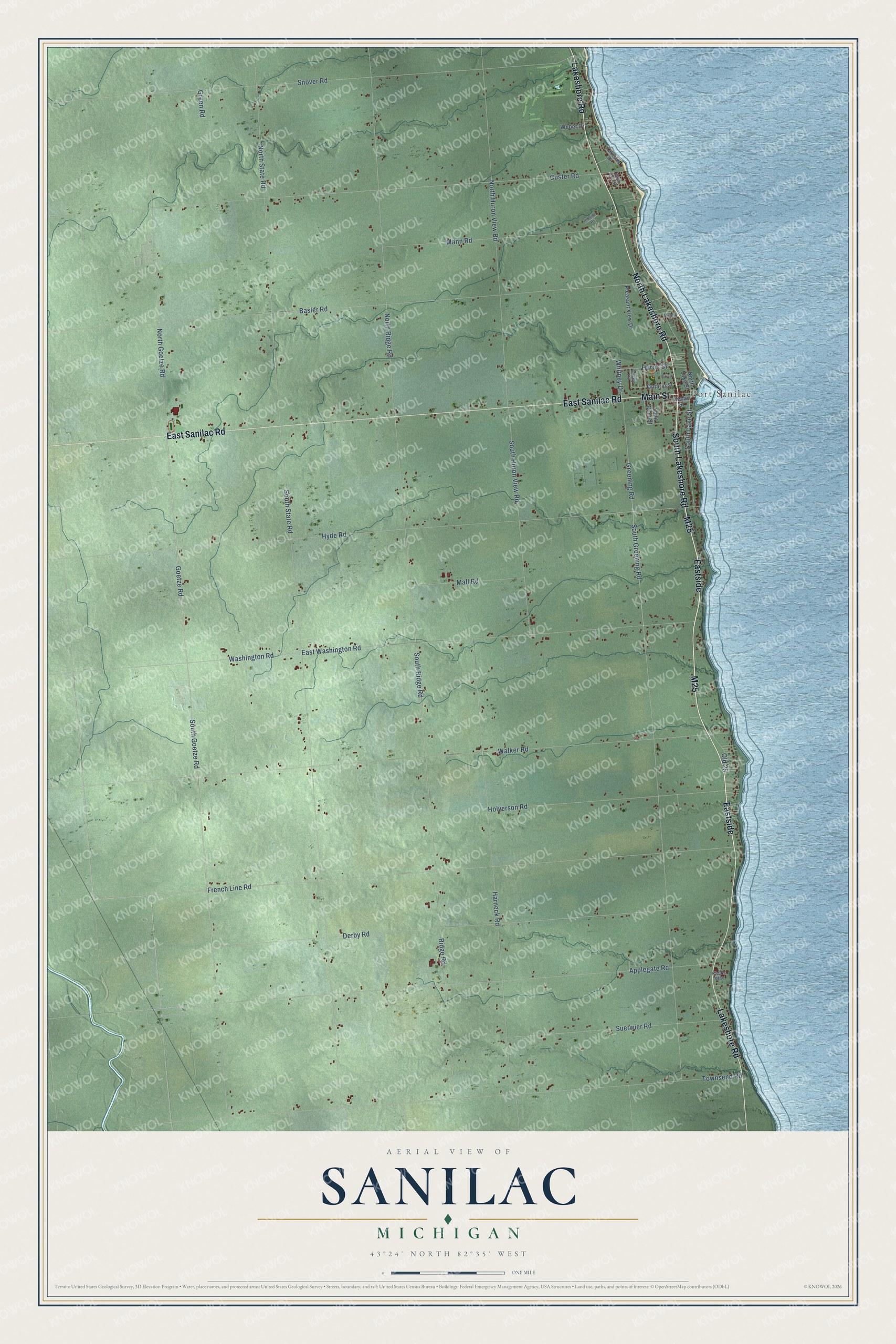 Full map of Sanilac, Michigan, with red buildings, printed street names and the land around them
