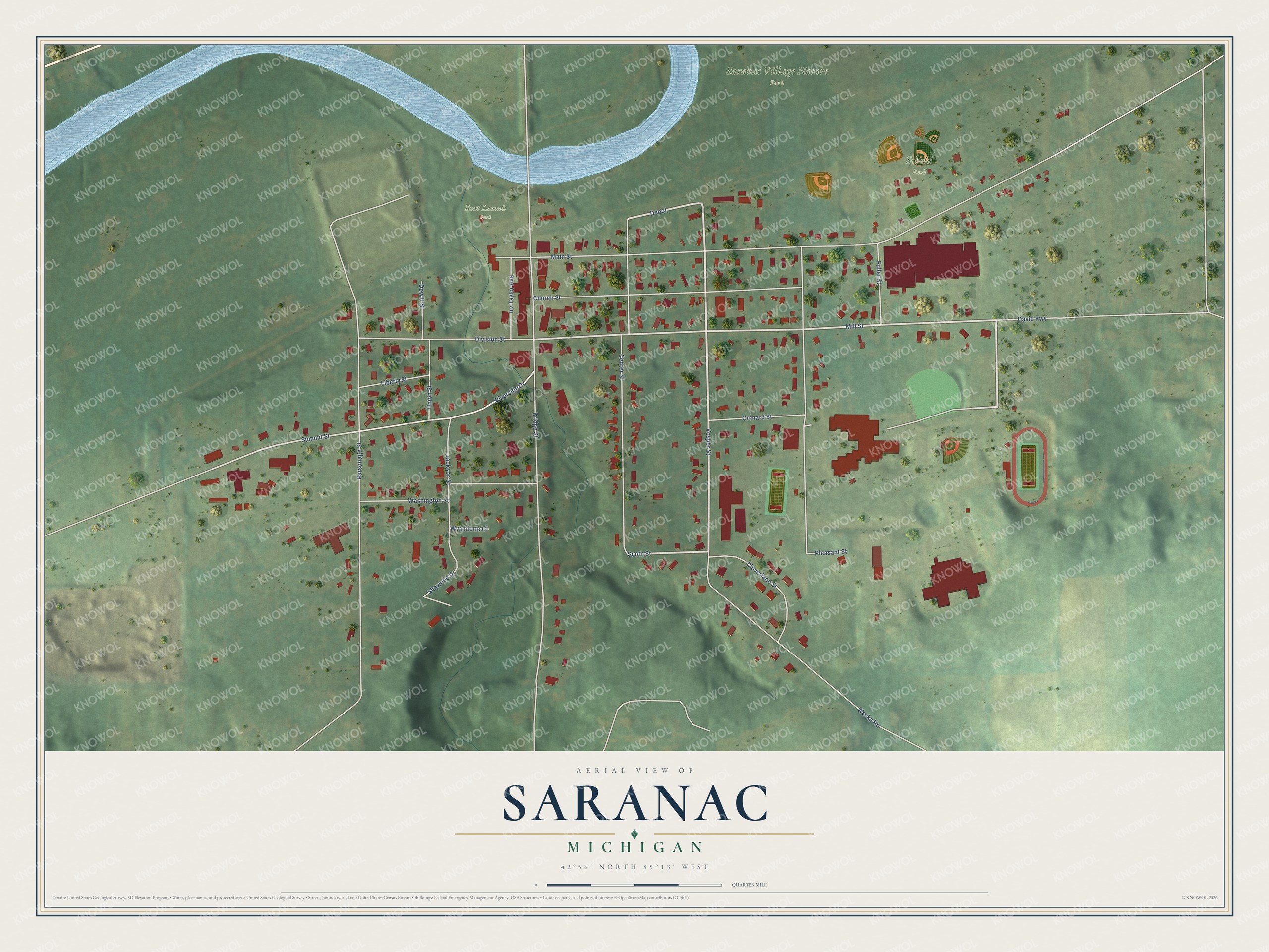 Full map of Saranac, Michigan, with red buildings, printed street names and the land around them